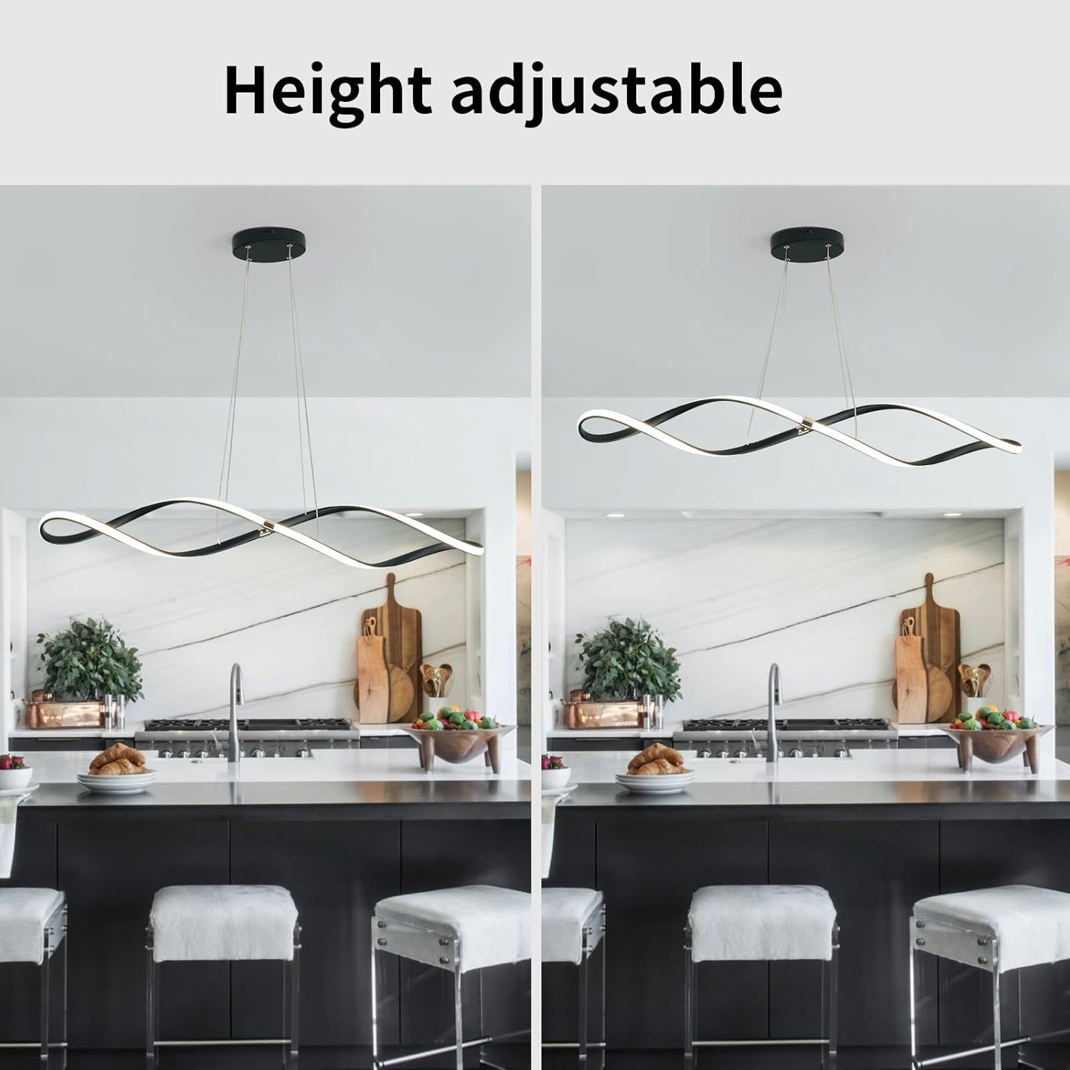 39 Inch Modern LED Pendant Light, Remote Control Dimmable Adjustable Height, DIY Kitchen Island Lighting & Dining Room Chandelier, Energy Saving Matte Black Linear Chandelier