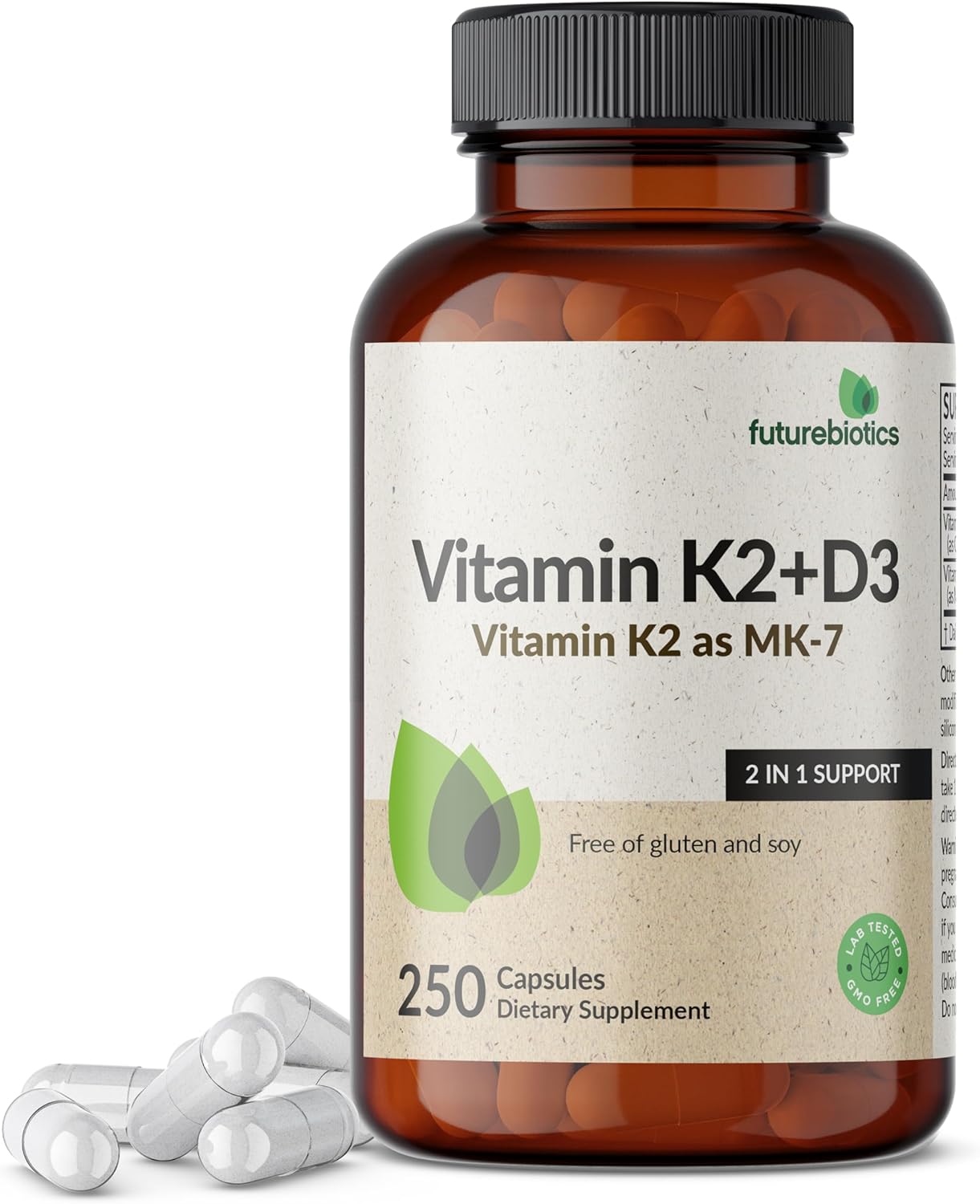 Futurebiotics Vitamin K2 (MK7) with D3 Supplement – Non-GMO Formula – 5000 IU Vitamin D3 & 90 mcg Vitamin K2 MK-7, 250 Vegetarian Capsules