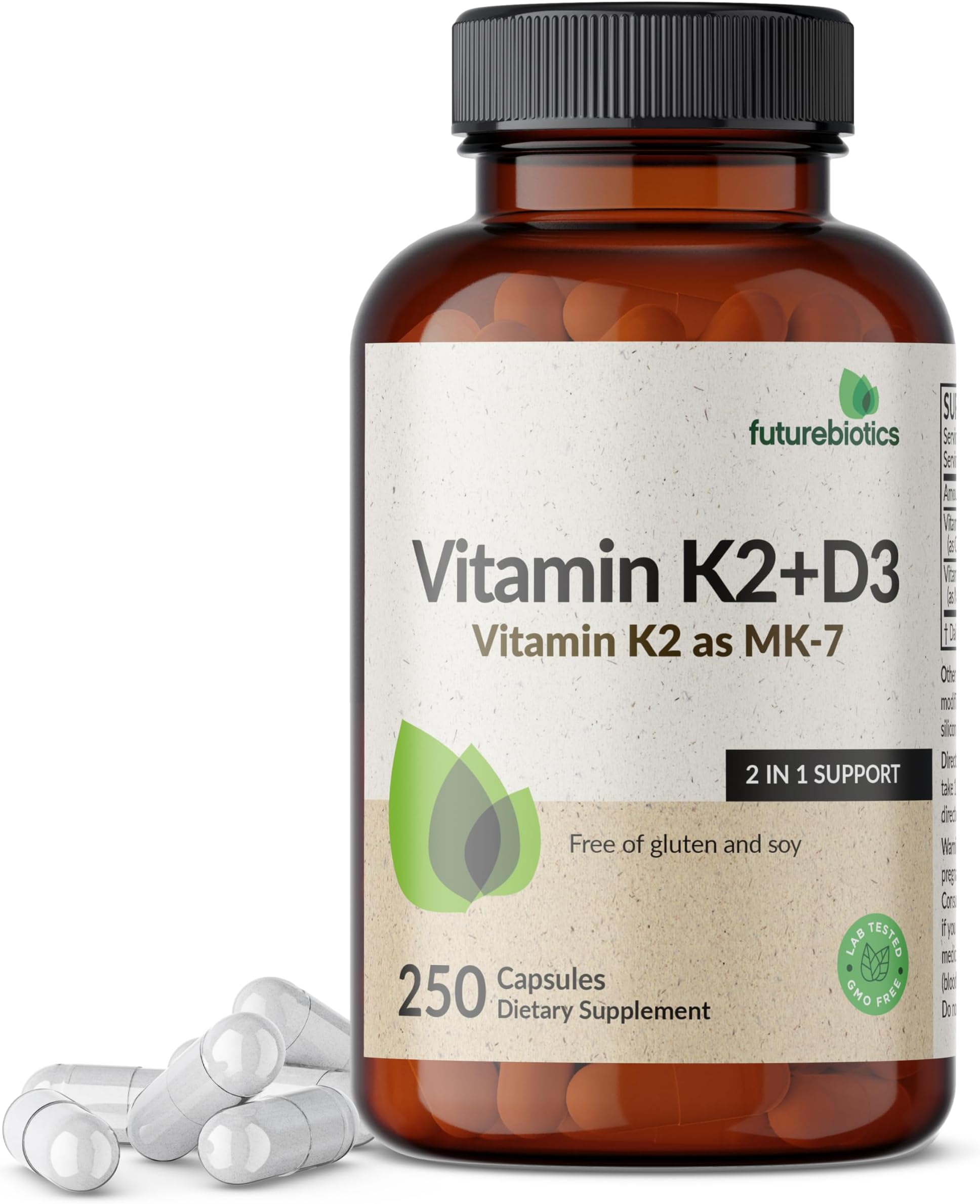 Vitamin K2 (MK7) with D3 Supplement - Non-GMO Formula - 5000 IU Vitamin D3 & 90 mcg Vitamin K2 MK-7, 250 Vegetarian Capsules