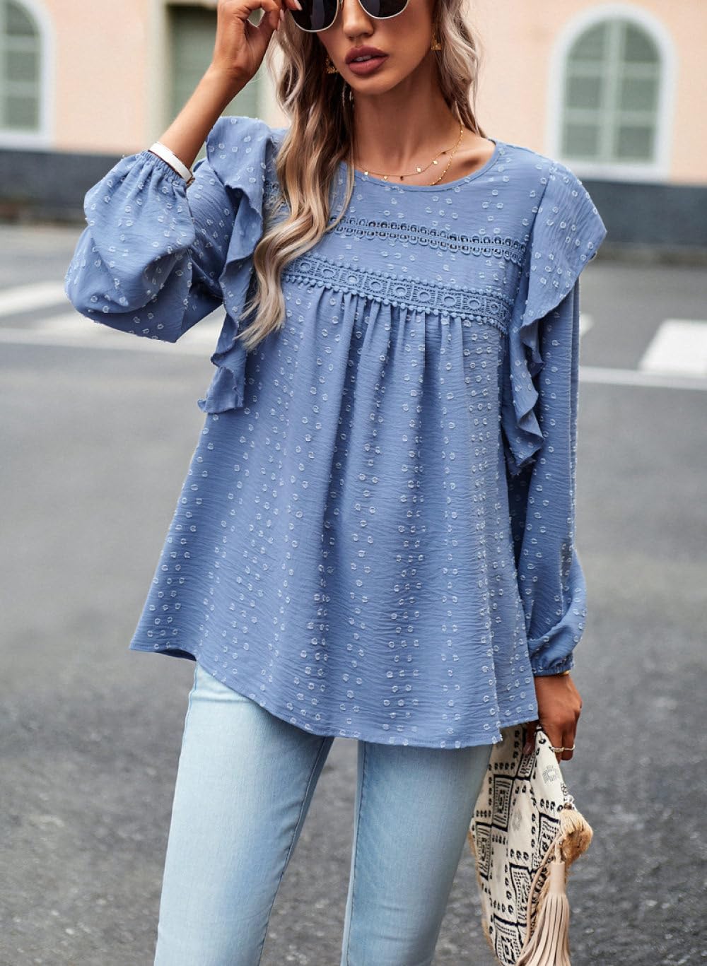 Blouse Femme Chic Et Élégant,Chemisier pour Femme Chemises À Manches Longues Bleu Solide Col Rond Bordure en Dentelle À Pois Volants Chemise Pull Plissée Élégante Chemise Décontractée Ample