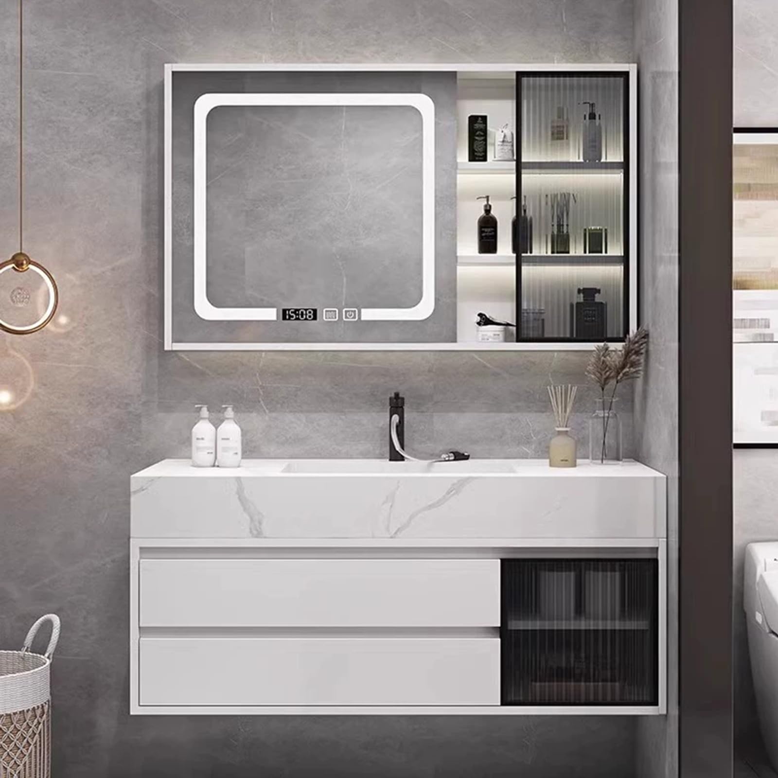 Set di Mobili da Bagno Lavabo con Mobiletto, Armadio A Specchio con LED Illuminato, Set di Mobili da BagnoWhite,120cm/47in