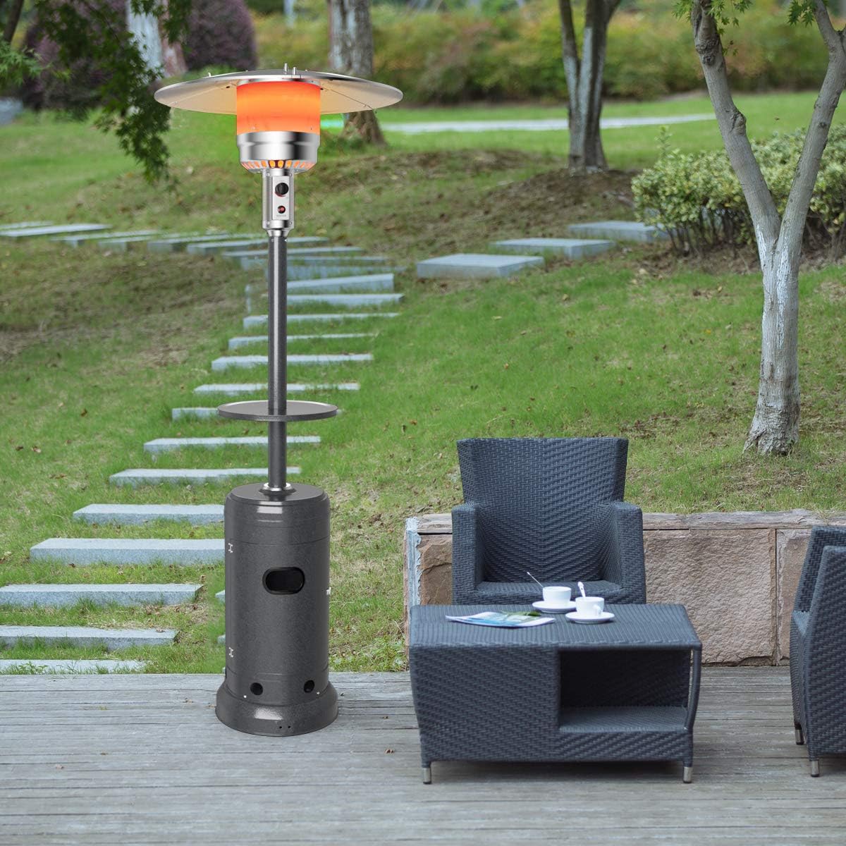 Tangkula 50,000 BTU Propane Patio Heater with Wheels, Outdoor Heaters for Patio with Shelf Tabletop, Stainless Steel Burner, Auto Shut Off & Tip-Over Protection, Portable Patio Heaters for Outdoor Use