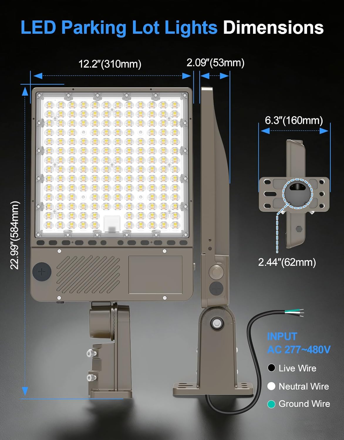 ADUB 480V LED Parking Lot Light, 200W/240W/320W selectable, 3000K-5000K CCT,0-10V dimmable,48000LM,DLC ETL Listed,Shoebox fixture with adjustable arm & slip mount,IP65 commercial lighting, AC 277-480V