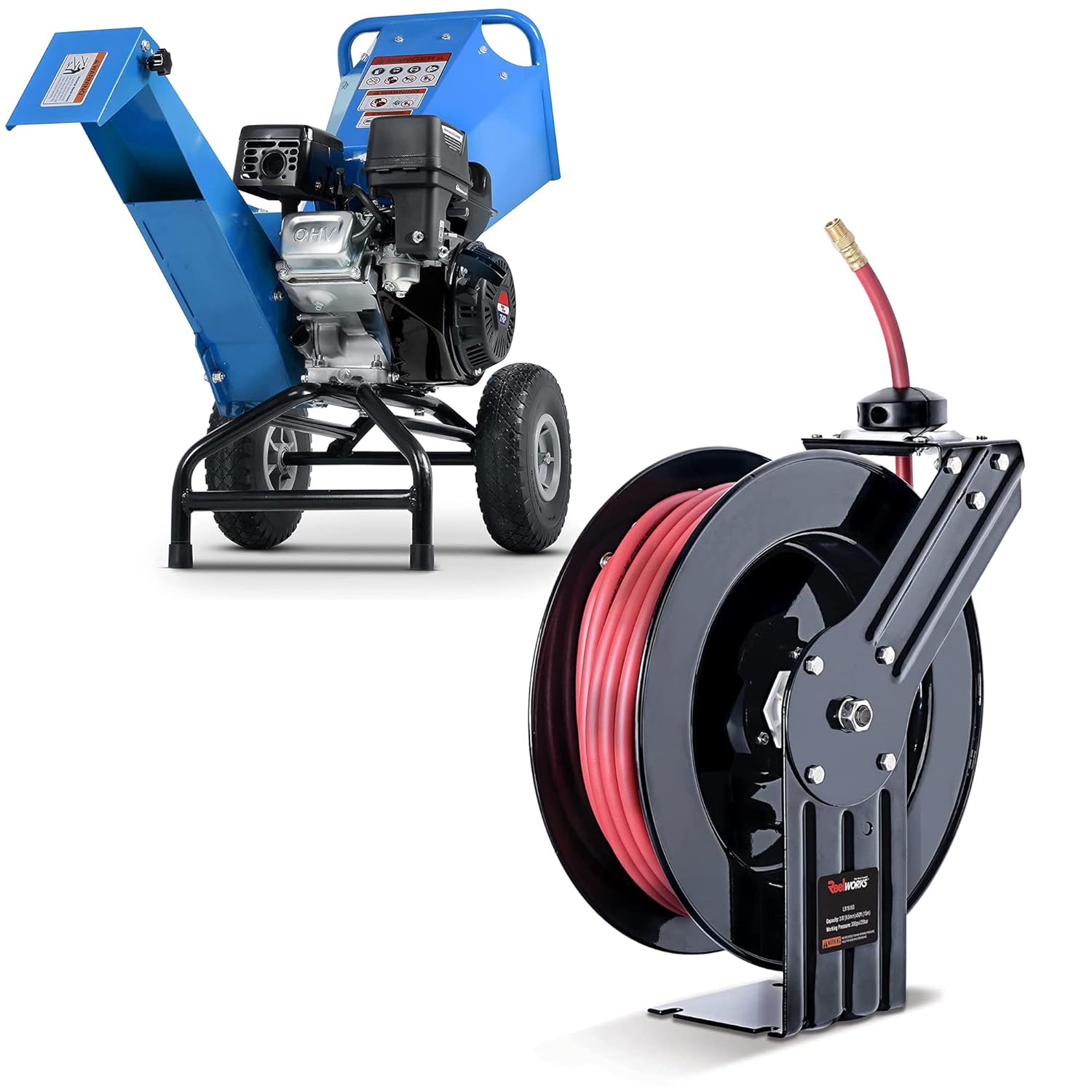 ReelWorks Air Hose Reel 3/8" Inch x 50' Foot SBR Rubber Hose & Wood Chipper Heavy Duty Compact Rotor Assembly Design 3" Inch [Bundle Deal]