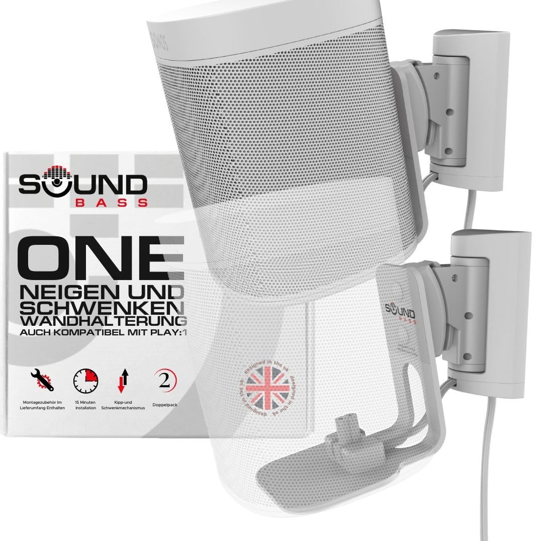 Sound bass ONE/Gen2/ONE SL/Play:1 Halterung, Neigbar, Weiß, 2er-Pack | Kompatibel mit Sonos ONE, ONE Gen 2, ONE SL & Play:1, Mühelose Installation mit Montageset, Doppelpack (2 Stück)