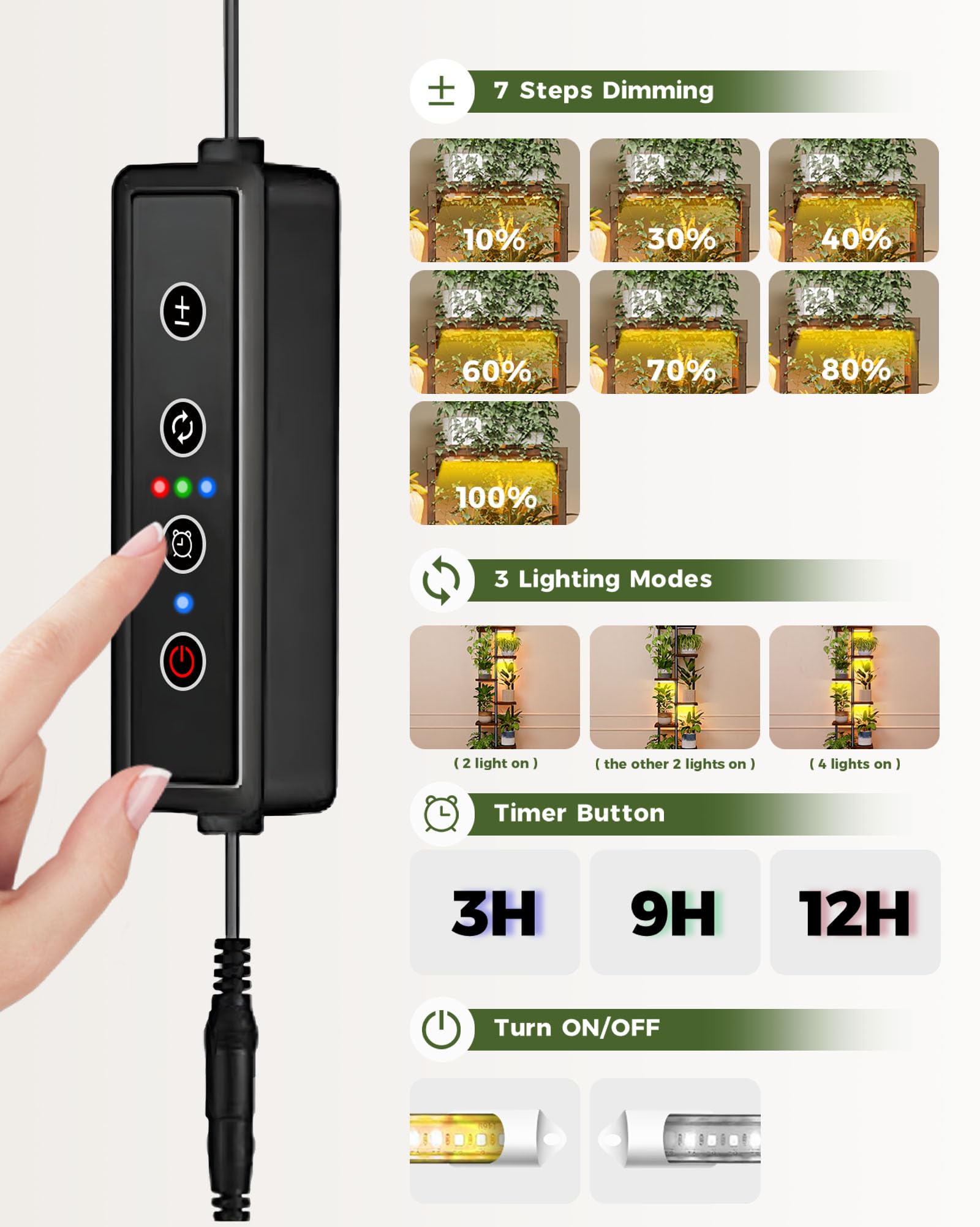 Bamworld Supporto per Piante a Tensione Regolabile con Luci di Crescita, Espositore Sospeso da Pavimento a Soffitto per Soggiorno Camera Da Letto, Portafiori per Più Vasi, Nero, Nuova Versione