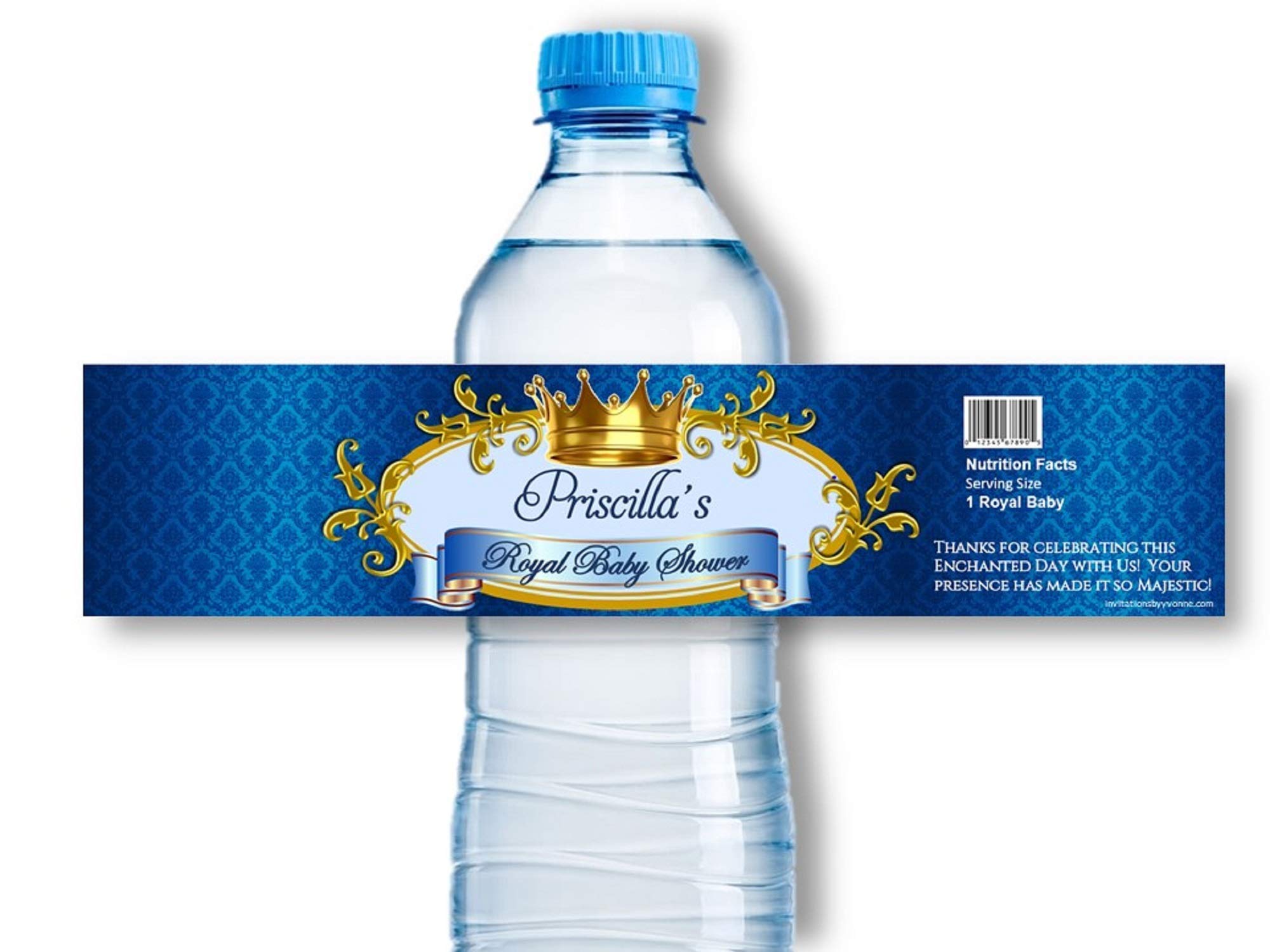 Royal Baby Boy Prince Water Bottle Wrappers Personalized - Little Prince Royal Blue and Gold Wrappers - for Baby Shower, Baby's 1st Birthday (Set of 12)