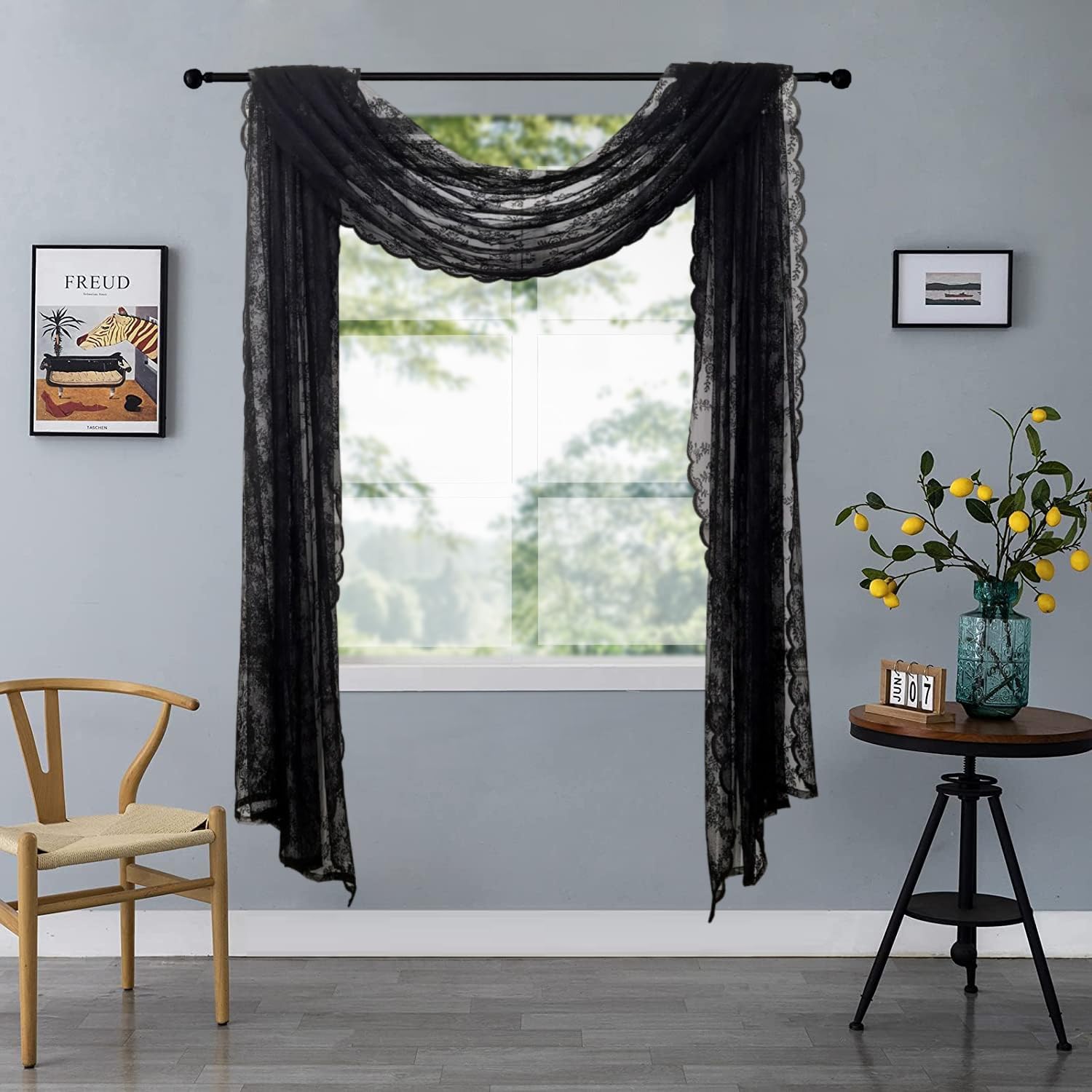 Romatic Lace Embroidery Window Scarf Sheer Curtain 288 Inch Long for Wedding/Ceremony Floral Window Treatment Swags Drapes Light Filtering Luxury Party Decora 1Panel (W57 X L288 Inch,Black)