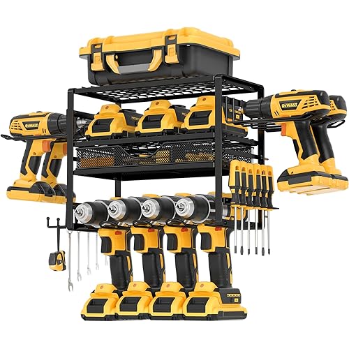 Power Tool Organizer Wall Mount with 8 Drill Holder, Drill Rack with Drawer for Garage Organizer, 4-tie Power Tool Rack for Tool Storage, Heavy Duty Utility Rack for Tool Room, Workshop, Garage