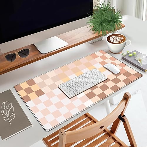 Miniatura 2 de Tapete de escritorio bohemio a cuadros, color beige, XXL, bohemio, retro, grande, con bordes cosidos, alfombrilla de mouse para computadora,