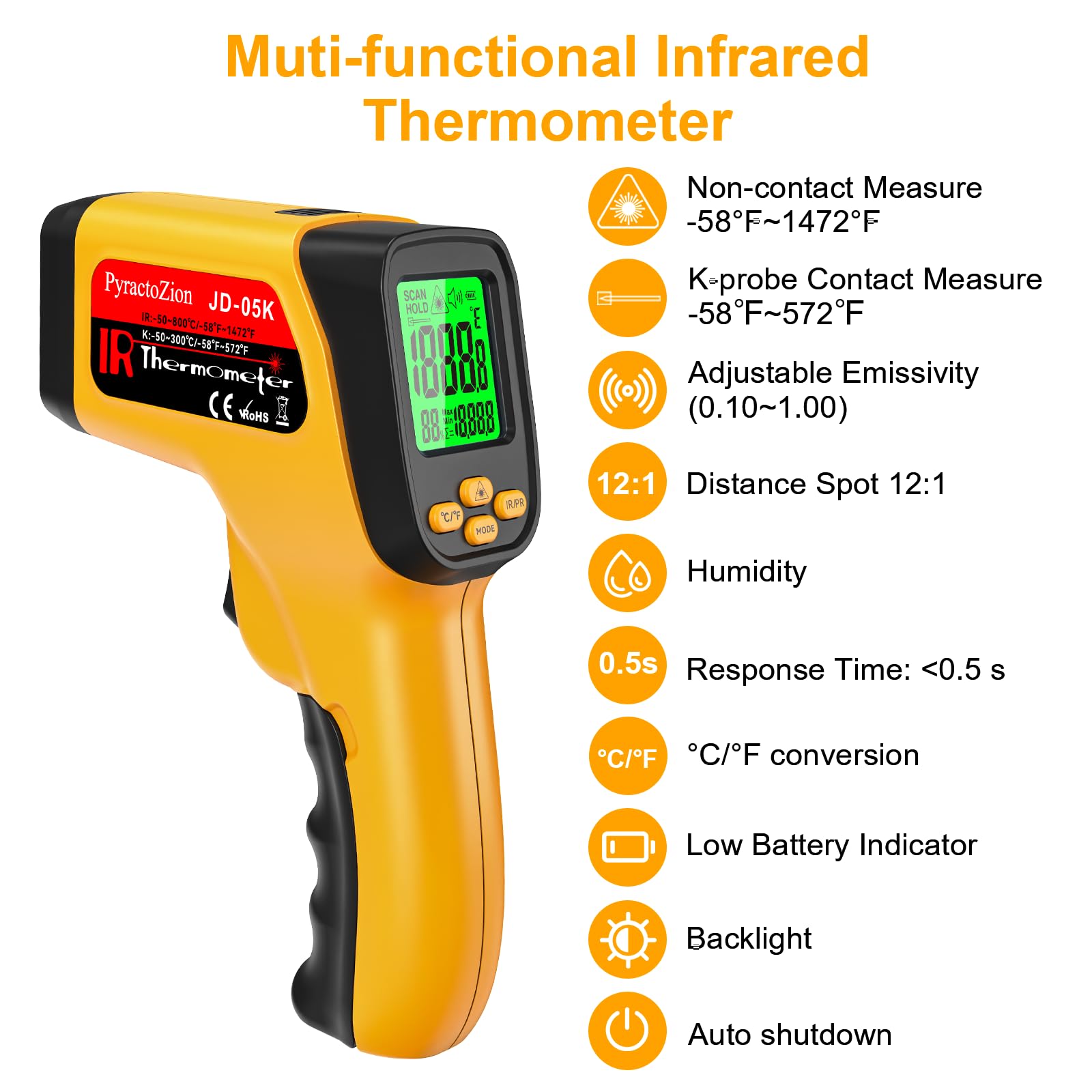 Infrared Thermometer Gun, Dual-Mode with Non-Contact IR & K-Type Thermocouple Probe Meature, -58°F to 1472°F High Accuracy Laser Temperature Gun with Emissivity, Humidity, for Cooking, Industrial Use — Amazon image 2