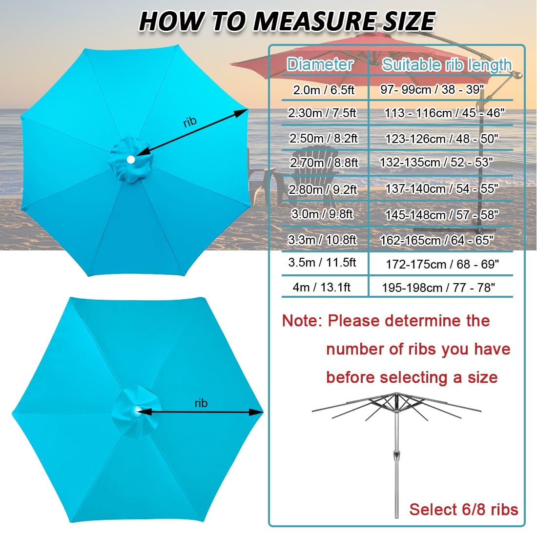 Duży zapasowy baldachim 200–350 cm, UPF 30+, pokrowiec na parasol tarasowy do ogrodu, na plażę, basen, żółty materiał z 8 żebrami (3,5 m)