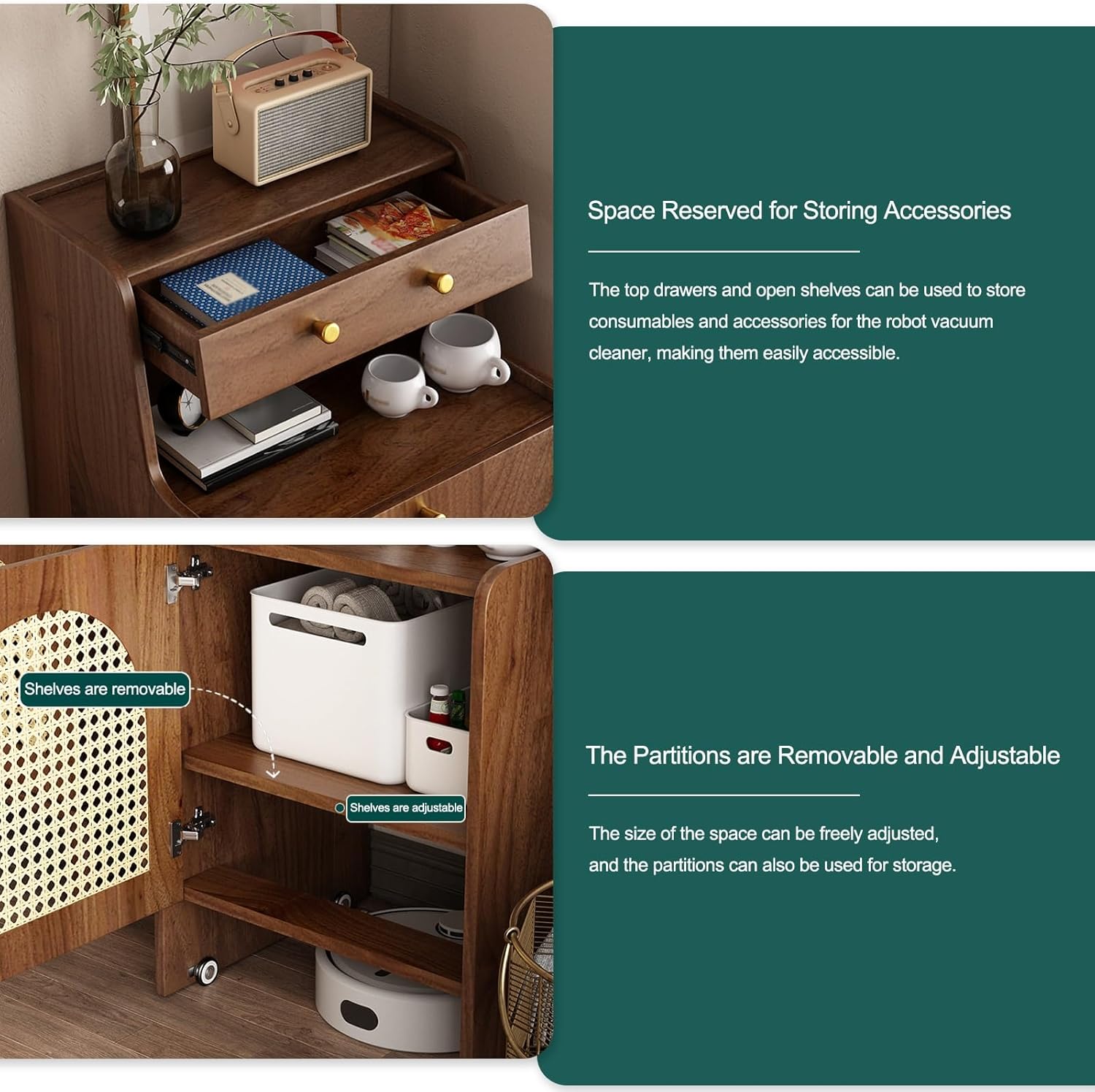 HARELA Robot Vacuum Stand Cabinet, Sweeping Robot Storage Rack with Doors and Drawer, Multi Tier End Table for Living Room Dining Room Kitchen Home Office(Black,19.7x17.7x35.4in)