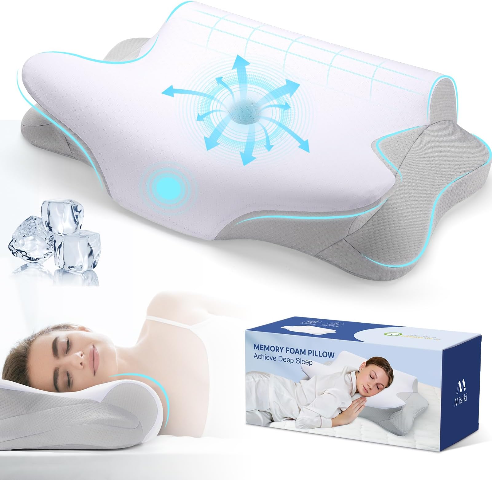 Misiki Cervical Neck Pillow, Roll Side Memory Foam Contour Pillow for Side Back Stomach Sleepers, Orthopedic Ergonomic Pillow for Neck Pain Relief with PillowcaseOEKO-TEX STANDARD 100