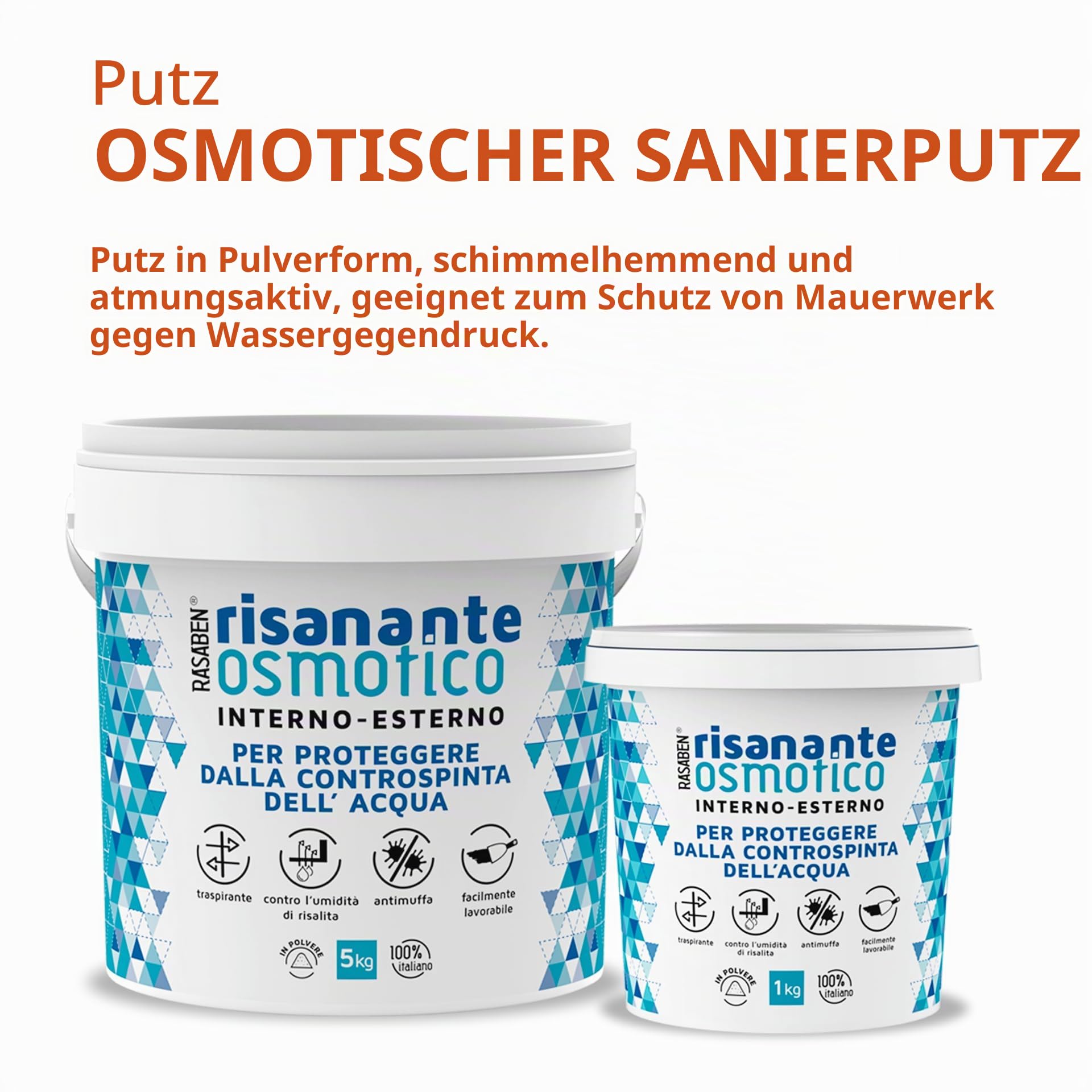 Osmotischer Sanierputz 5 kg – Dichtschlämme gegen Feuchtigkeit, Spachtelmasse zur Abdichtung von Wänden und Böden, schimmelhemmend, atmungsaktiv, für Innen- und Außenbereich, Made in Italy