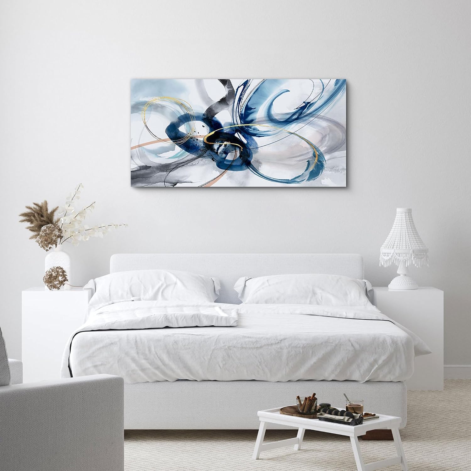 Arte abstracto para pared - Cuadros azules y blancos para decoración de pared, lienzo para sala de estar, decoración moderna para el hogar, estética para dormitorio (65 x 130 cm / Marco interior)