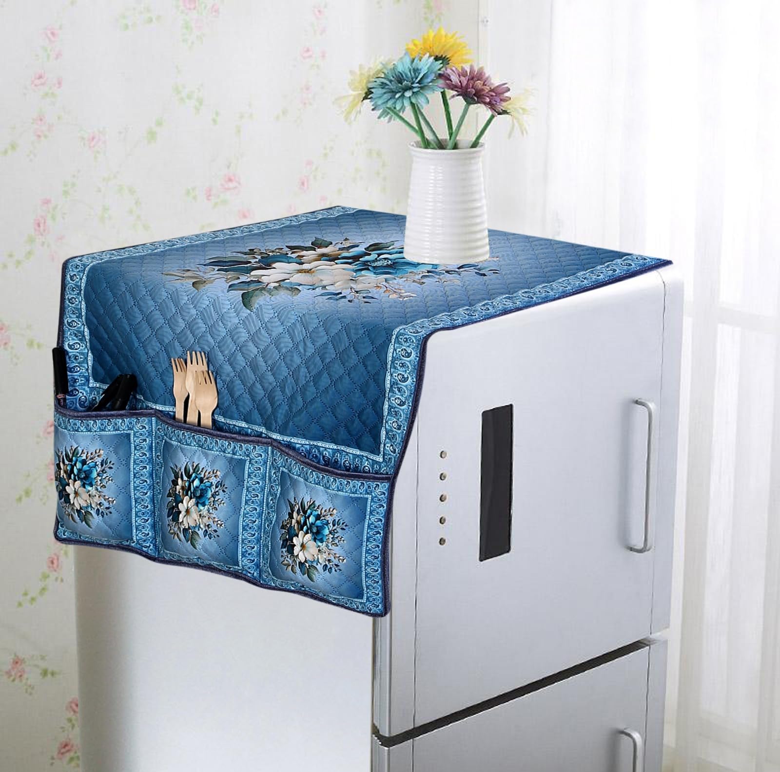 CLiDE Velvet Solid Print Fridge Top Cover (94 x 54 x 1 cm) with Side Utility Pockets | Washable Cotton Material | Dustproof Refrigerator Cover with 6 Storage Pockets (Blue)