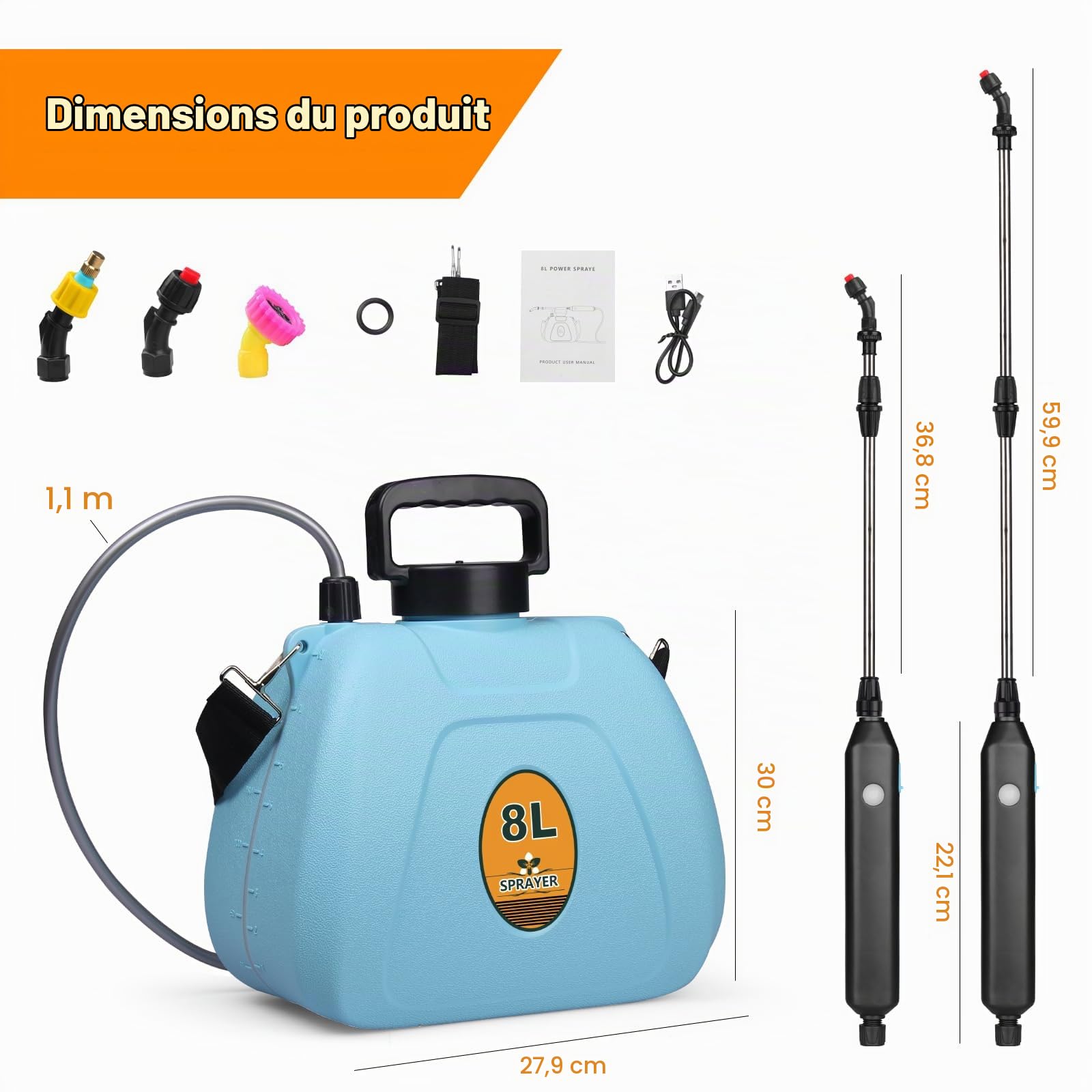 Pulvérisateur Électrique à Dos 8L avec Lance Télescopique et 3 Buses, Batterie Rechargeable 1500mAh - pour Jardin, Désherbage, Nettoyage Toiture, Terrasse et Voitur(Bleu)