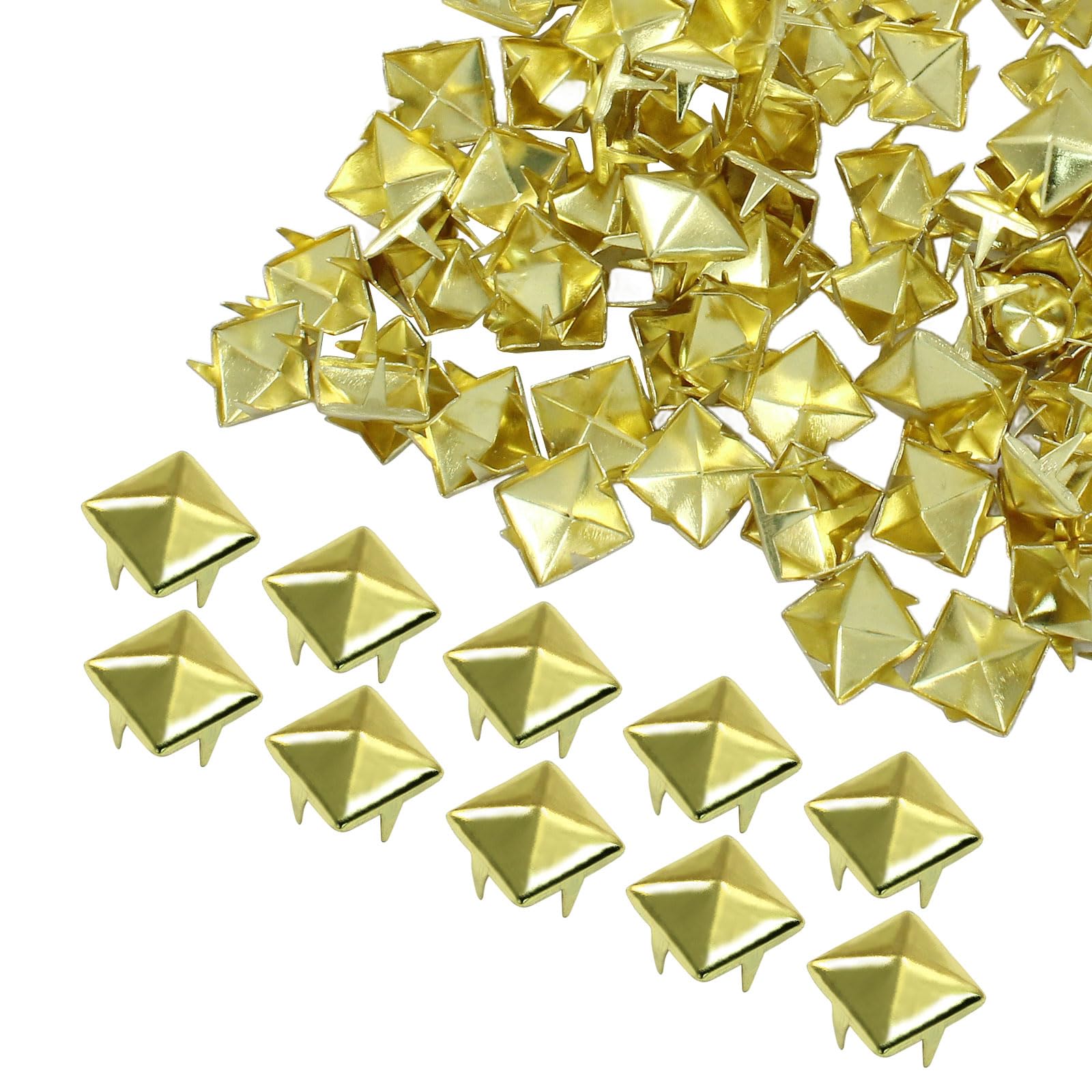 Moicstiy 100 Pcs 9mm Metal Punk Spikes Spots, Gold Pyramid Studs Four-Jaw Square Rivets for Leather, Clothing, Bag