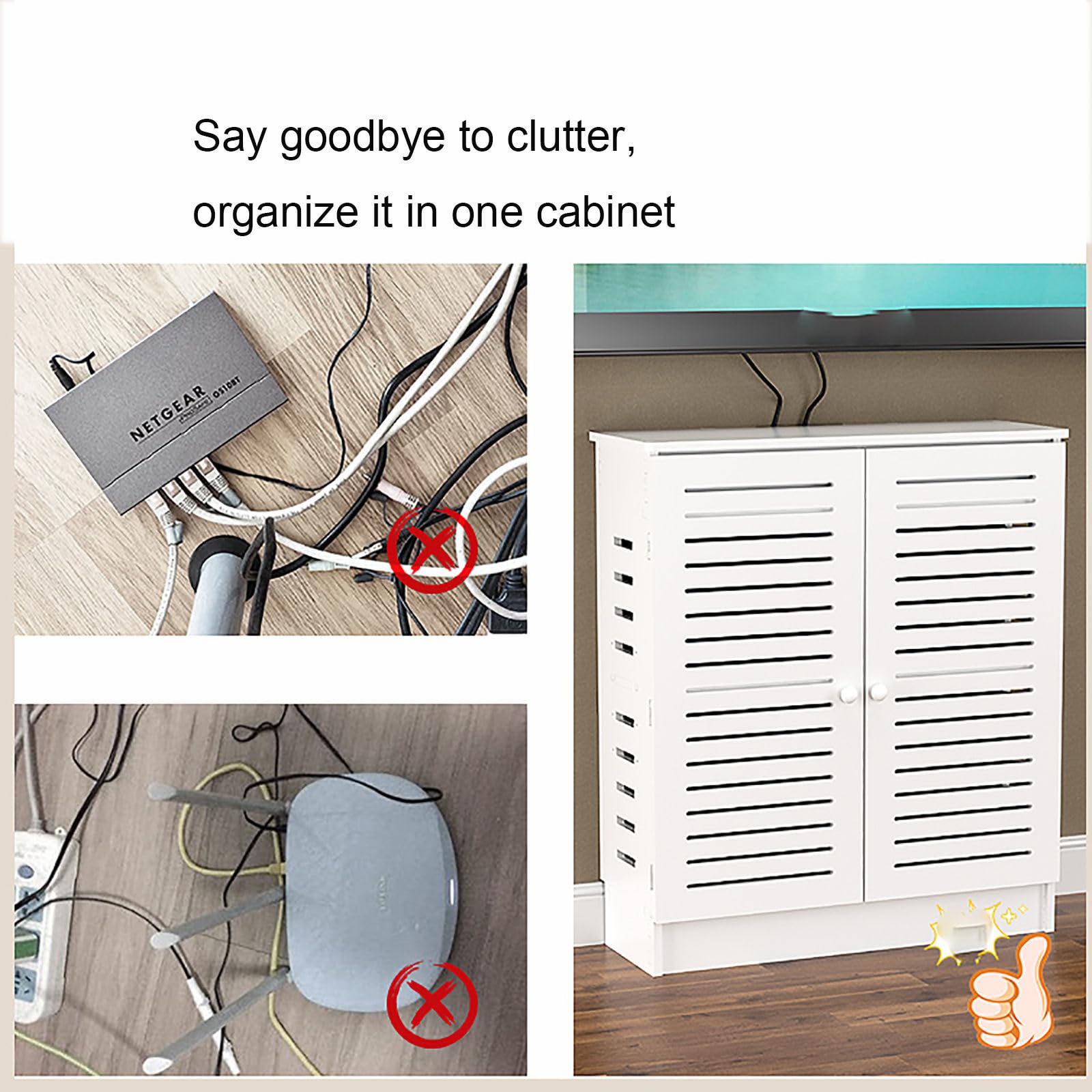 Caja de almacenamiento para enrutador WiFi, estante de madera de 2 capas con puerta de armario, regleta decorativa y caja oculta de gestión de cables para organización de escritorio