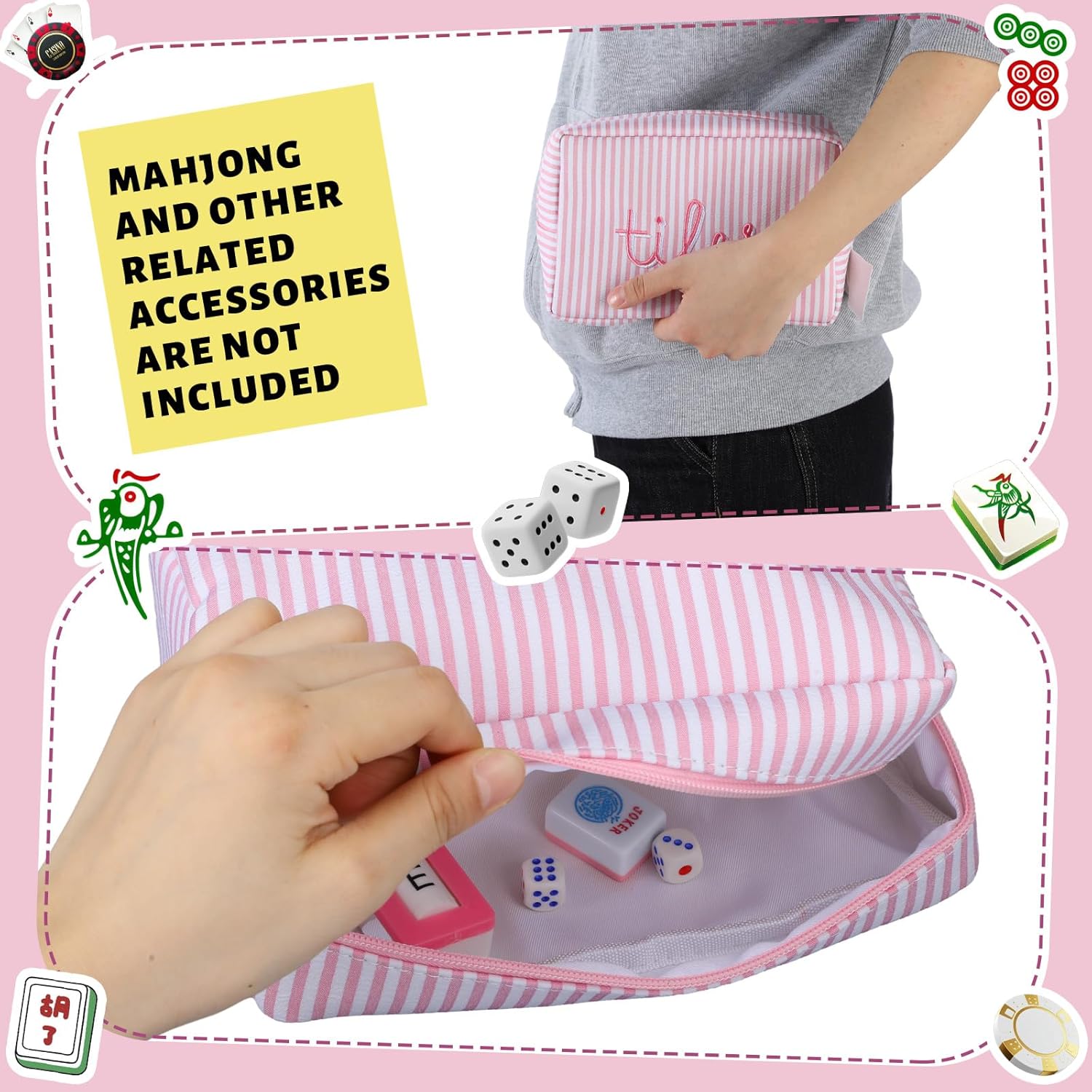 Empty Mahjong Bag Thickened American Mahjong Tiles Bag with Zipper Storage Pouch for Board Game Pieces Game Party Travel Gatherings Accessories, 10.4''x5.6'', Case Only (Tiles,Striped Pink)
