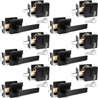 Probrico Flat Black Passage Door Lever with Single Cylinder Deadbolts Combo Pack, Modern Square Lock Set Handleset,Exterior Door Handle and Deadbolts Set,Exterior Door Lever Passage 6 Pack