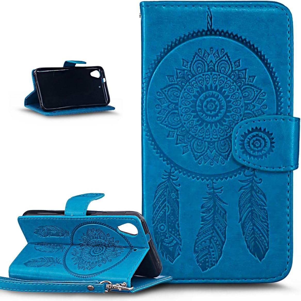 HTC Desire 626G Case,Wallet Case for HTC Desire 626G,ikasus Embossing Dream Catcher Feather Campanula PU Leather Flip Wallet Pouch with Stand Credit Card Holders Case Cover for HTC Desire 626G,Blue