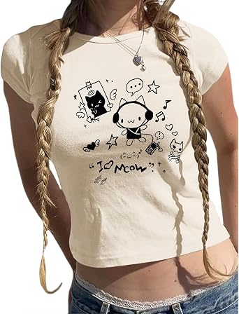 Graphic Baby Tees for Women Cat Kawaii Y2k Cropped Shirts Cute Harajuku Cartoon T Shirts Teen Girls Crop Top