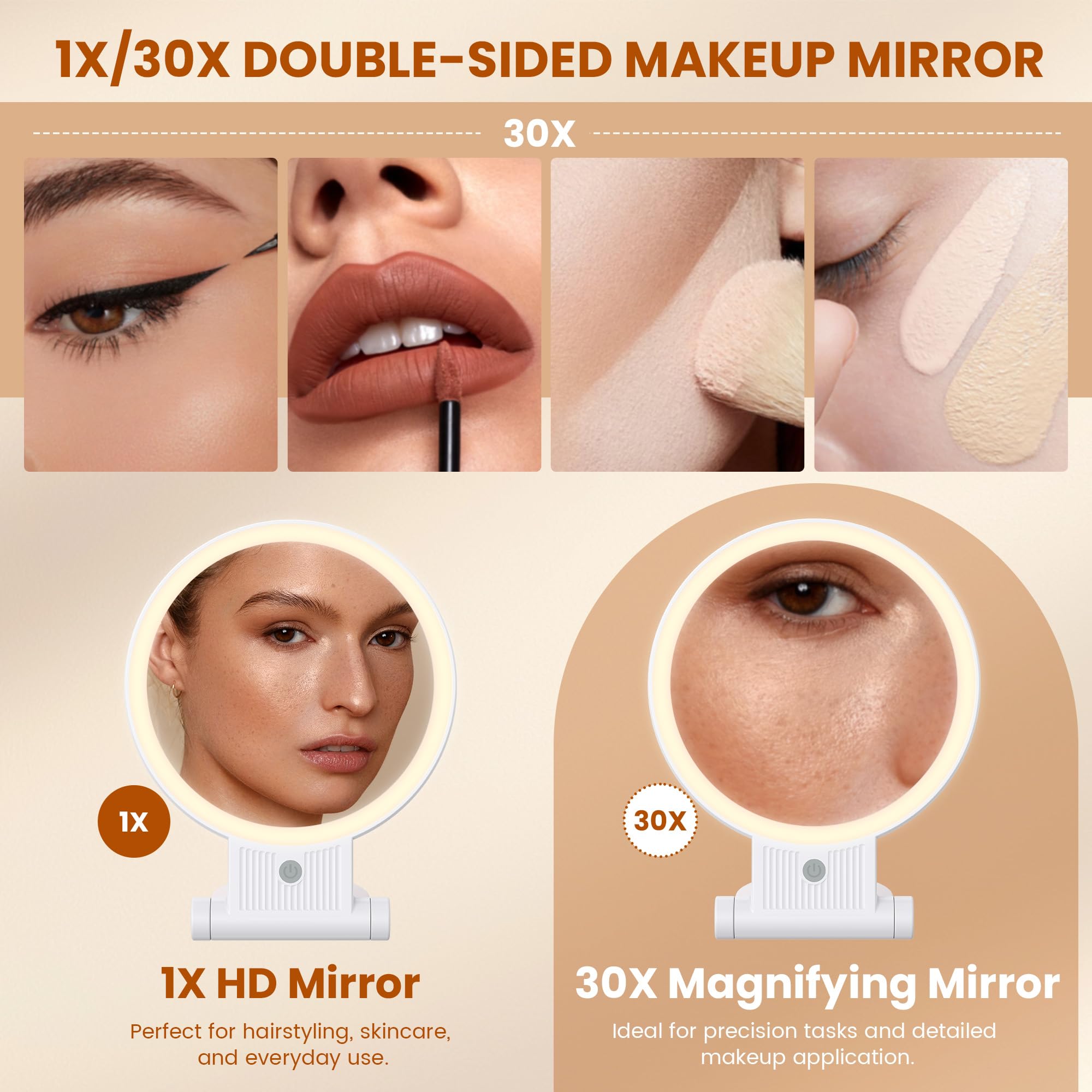 Makeup Mirror with Light, 1X/30X Magnification, Rechargeable