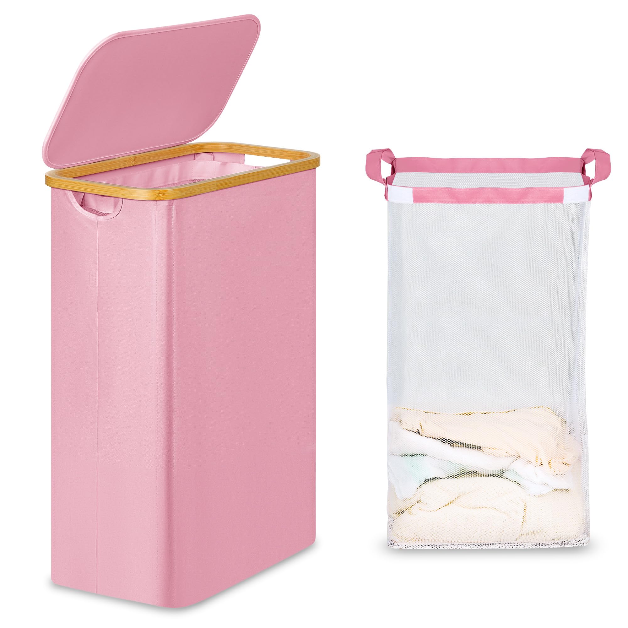 efluky Slim Laundry Basket with Lid, Narrow Laundry Hamper with Removable Bag, Skinny Dirty Clothes Basket with Bamboo Handles for Bathroom, Bedroom & Laundry Room, 65L Pink