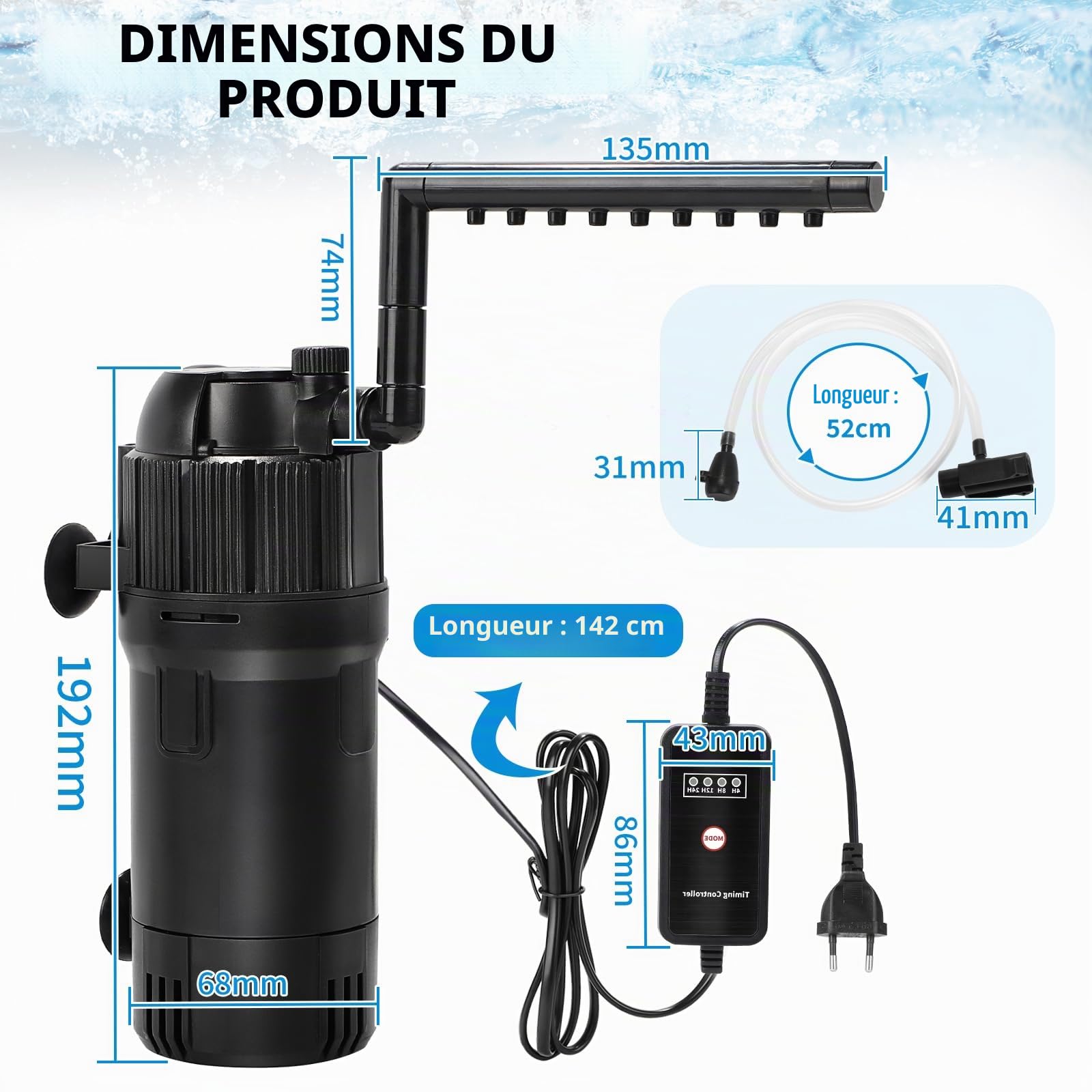 DBREAKS 5 en 1 Filtre Intérieur Aquarium 400 L/h avec 3W UVC Lampe & Minuterie, 4W Filtre Intérieur Réglable, Filtre UV Aquarium pour Réservoir Jusqu’à 40-120L, Pompe Aquariums avec Filtre