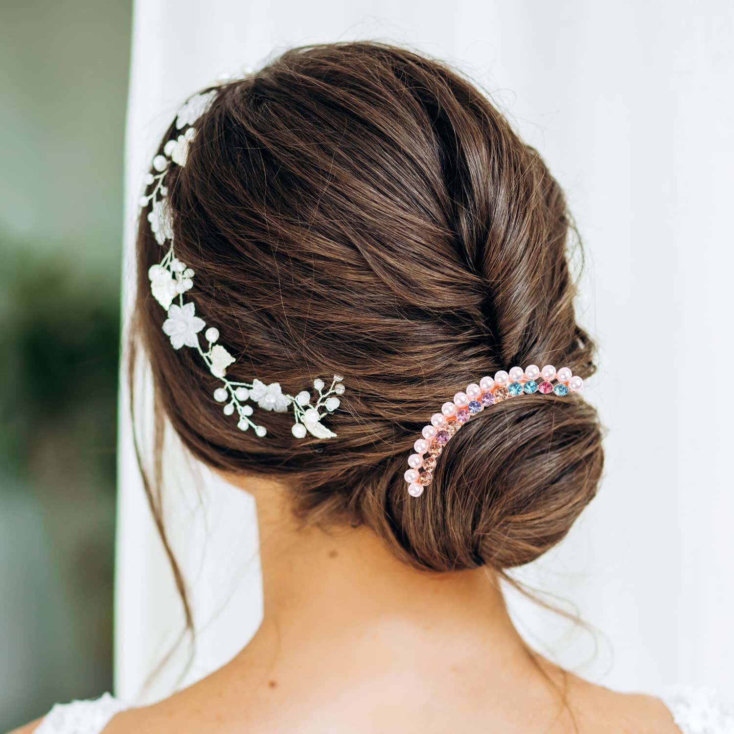 Elegant Pearl Hair Comb: Dreamy Crystal Hair Fork Tiffany Pearl and Light Sapphire Crystal Floral Hair Comb main image 2