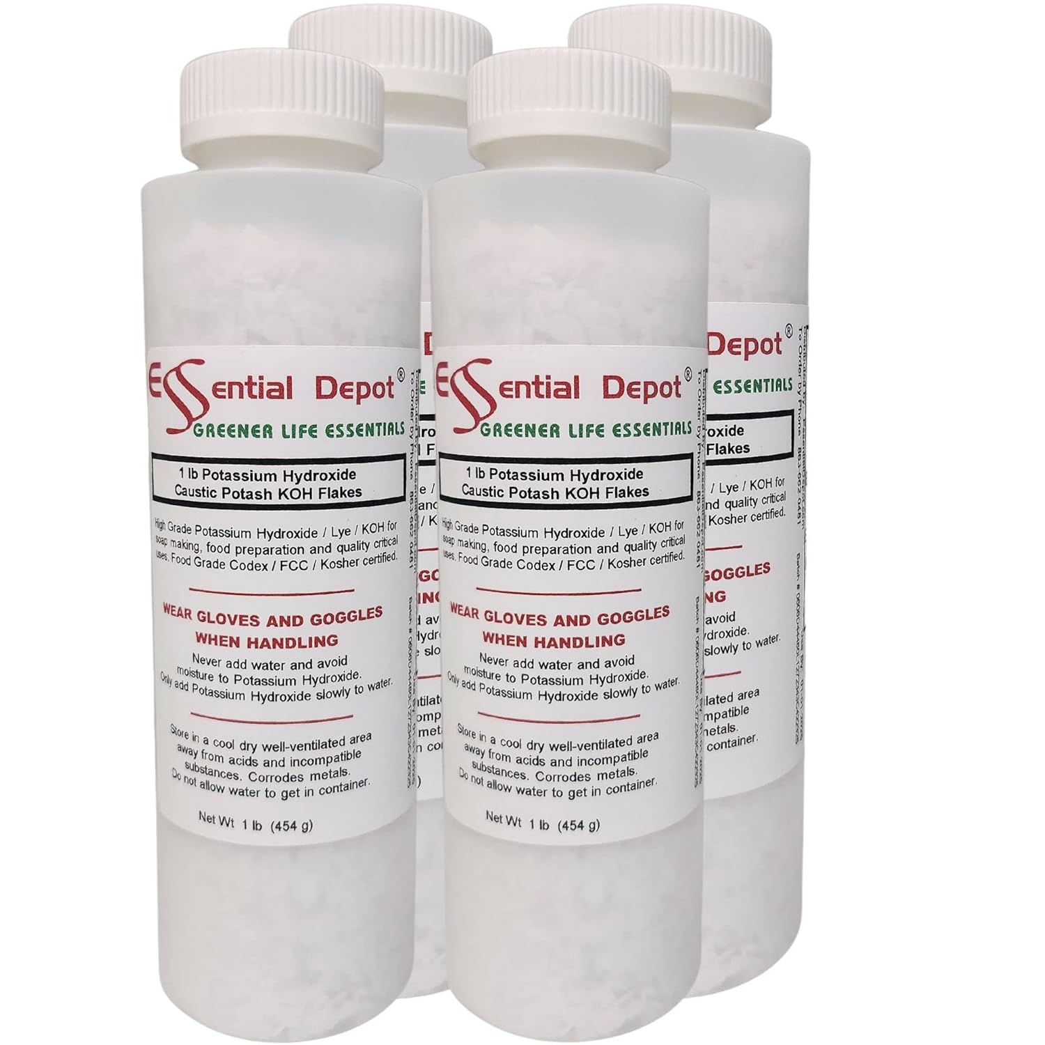 Essential Depot Potassium Hydroxide Flakes KOH, 4 lbs (4 x 1lb Container) Caustic Potash Anhydrous KOH Dry Electrolyte - HDPE Container with Resealable Child Resistant Cap