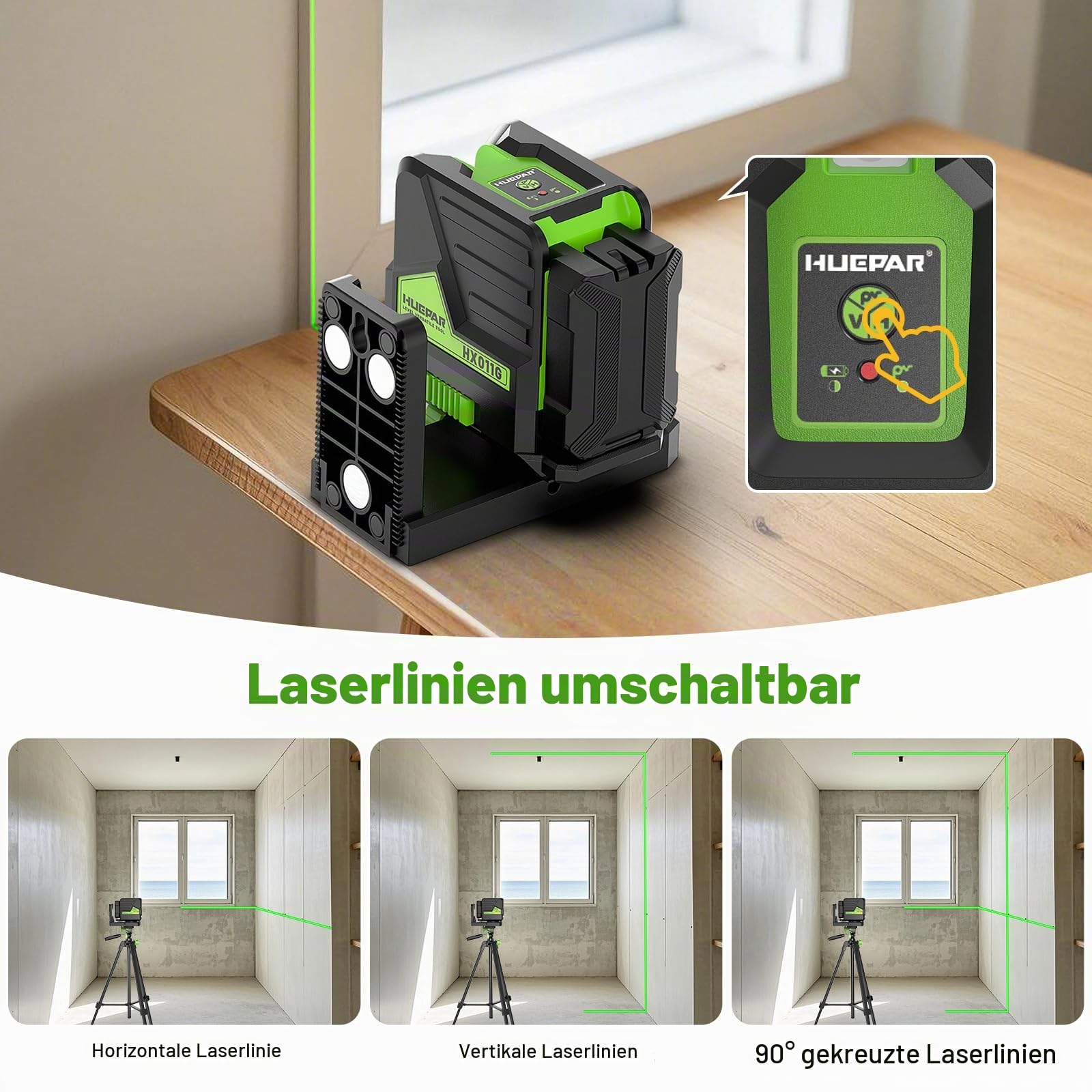 Kreuzlinienlaser, Huepar HX011G Grünen Lasernivellier, Selbstnivellierender Linienlaser mit Grünen Kreuzlinien Laser-Vertikale und Horizontale Linie, Laser-Tool für Bildaufhängen und DIY-Anwendung