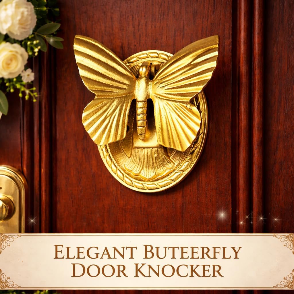 Heavy Duty Cast Iron Exterior Home Butterfly Design Door Knocker for Doors Indoor Home Knocker for Doors Beautiful Shiny Reflective Golden Finish Front Door Decor