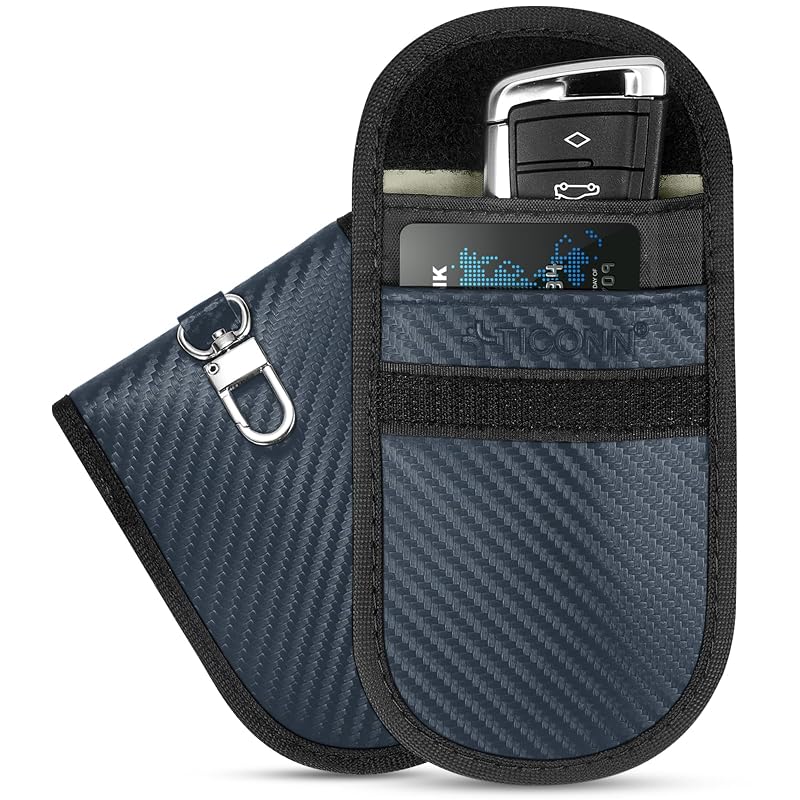 Bolsa Faraday TICONN para chave automotiva, bloqueio de sinais RFID e NFC, 2 compartimentos, tamanho médio, azul-marinho, pacote com 2