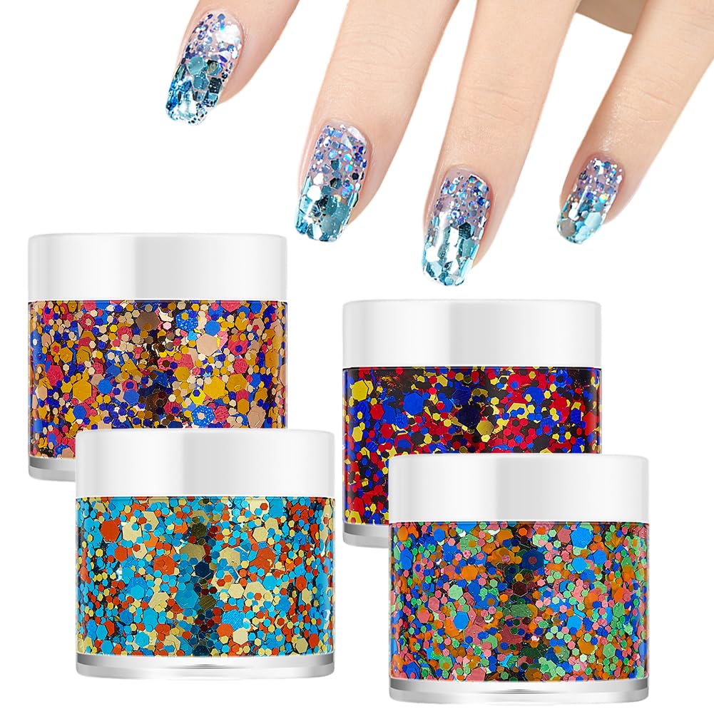 4PCS Nail Art Glitter Nail Sequins Assorted Glitter Metallic Shining Flakes Sequins Manicure Tips Body Glitter Gel Nail Art DIY at Home Nail Decorations Halloween Christmas Makeup