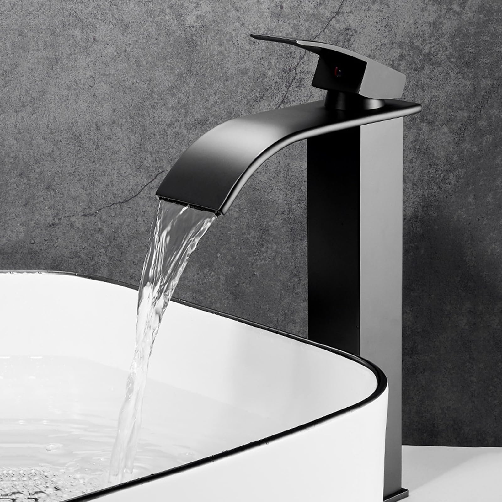 Rubinetto Per Lavabo A Cascata Nero – Miscelatore Monocomando Bagno Con Cartuccia In Ceramica, Versione Lunga Antigoccia