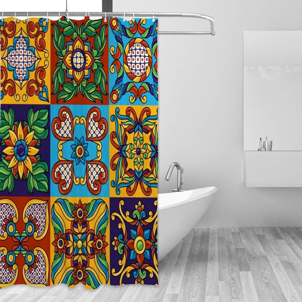 Waterproof Fadeless Shower Curtain ﻿Mexican Talavera Ethnic Folk Modern Family Bathroom Bathtub Decoration Hook Machine Washable Hotel 72x72 Inch