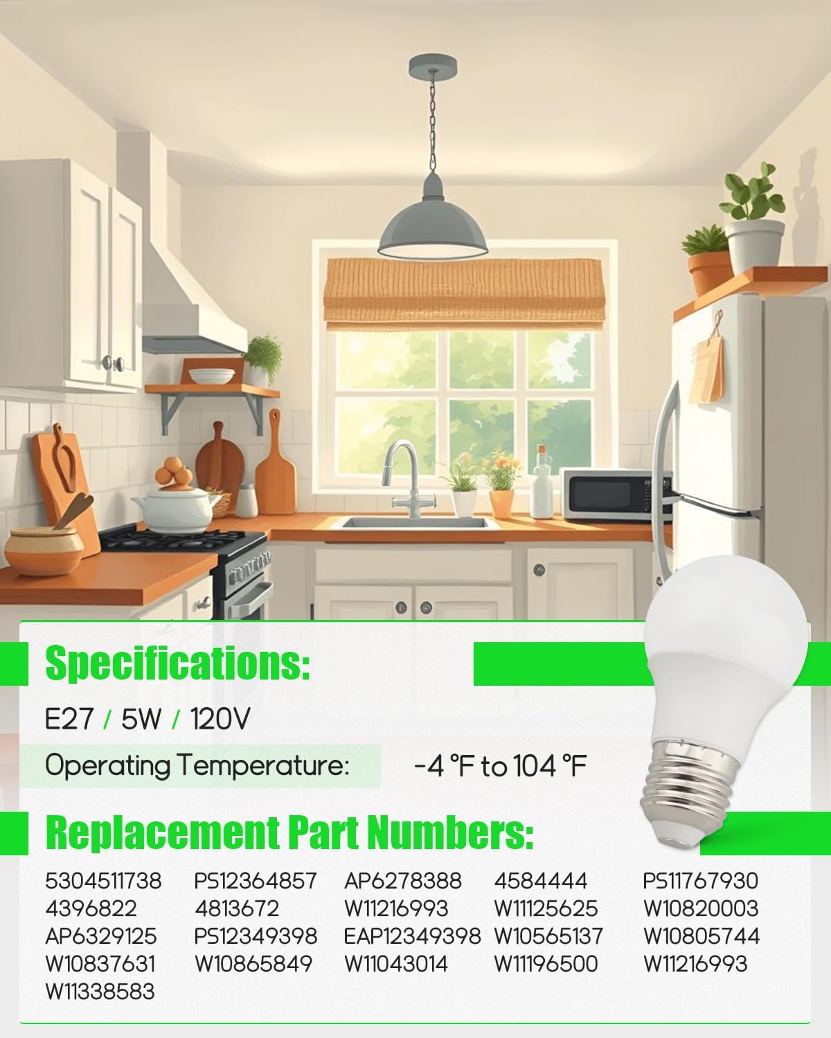2Pcs W11125625 Refrigerator LED Light Bulb Fit for Whirlpool Kenmore KitchenAid Maytag Freezer, 5W Daylight White, E27 Medium Base, 60HZ 120V, Replacement W10565137