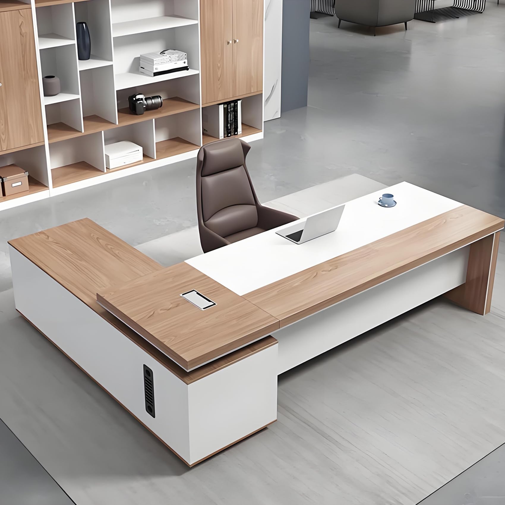 L-Shape Modern Executive Desk, L-Shaped Office Computer Desk with Secure Drawer, Modern Wood Computer Writing Desks for Office, CPU Cabinet and Cord