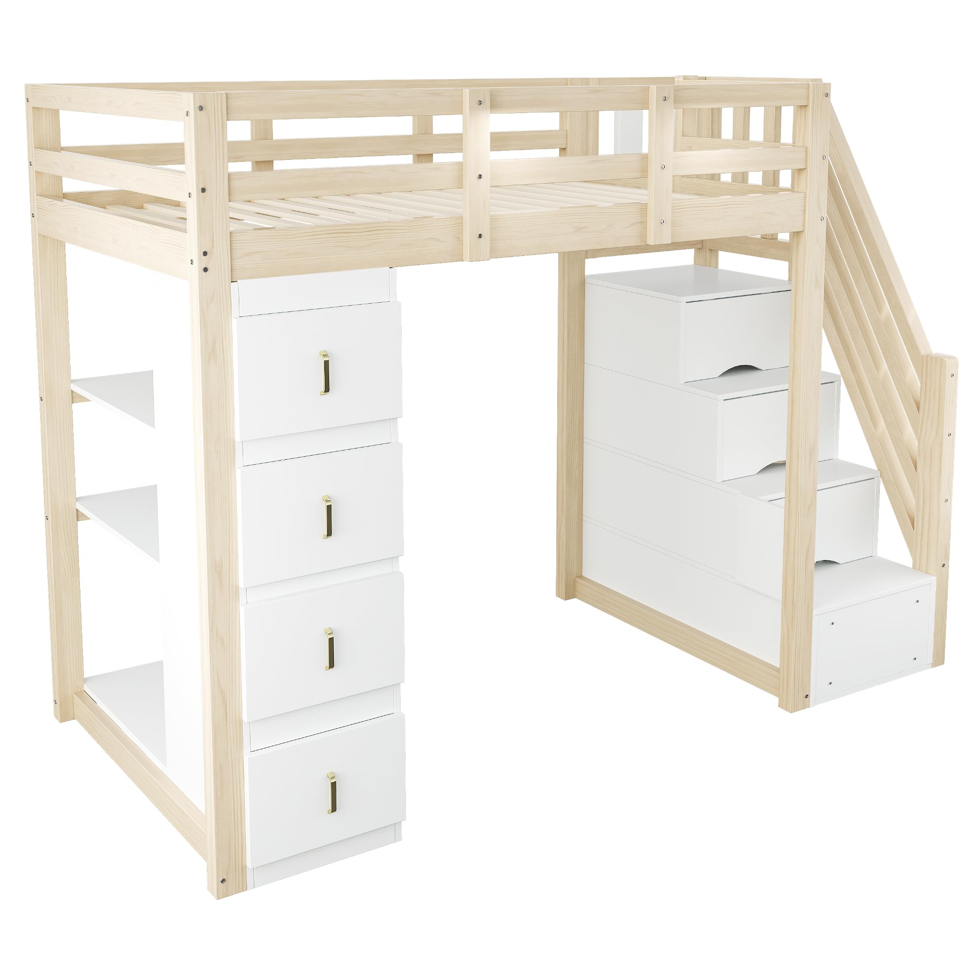 Cama alta 90 x 200 cm con cajones de almacenamiento, estantería de varios niveles, escalera segura, cama multifuncional de madera maciza, color madera natural