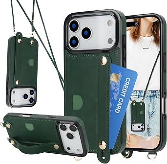 CCSmall for Apple iPhone 17 Pro Max Crossbody Case w Card Holder KB Green | PU Leather Shockproof Protective Case with Adjustable Lanyard & Wristband Kickstand for iPhone 17 Pro Max