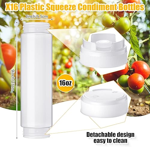 Miniatura 2 de Roshtia 16 botellas de 16 onzas, botella exprimible de plástico invertido para salsa, dispensador de salsa autosellante recargable, para líquidos,