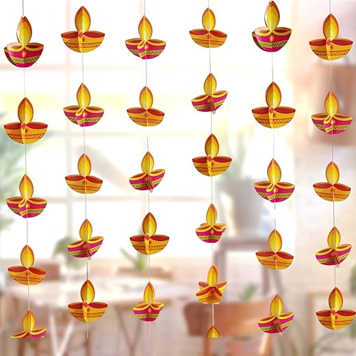 DIGI ART'S Paper Hanging 3D Diya Frill | Pack of 6 Row | for Festive Decoration Deepak Frills | Garland |Series | Parties | Diwali Decoration | Home & Office Decor | Multicolor | Lenth - 110 Cms.