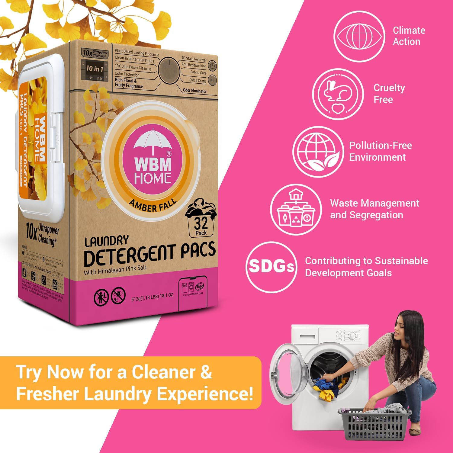 WBM Home Laundry Detergent Pods, Total 128 Count | Amber Fall Fragrance | 10 in 1 Laundry pods Detergent Ultra Power Cleaning with Plant-Based Scent, Extra Protection With 4D Stain Remover