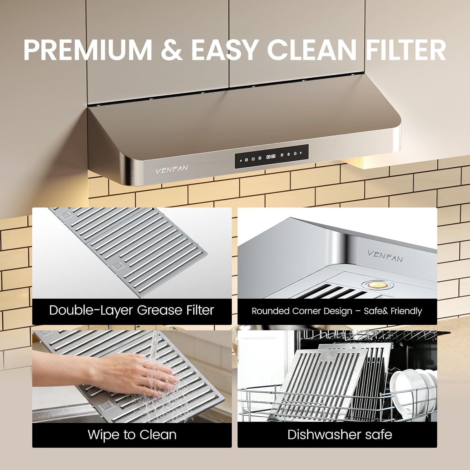 Under Cabinet Range Hood 36 Inch, 1200 CFM Ultra Powerful Suction Kitchen Vent Hood with Gesture Sensing & 4-Speed Touch Control, Dishwasher Safe Filters, Auto Delay Off, Stainless Steel