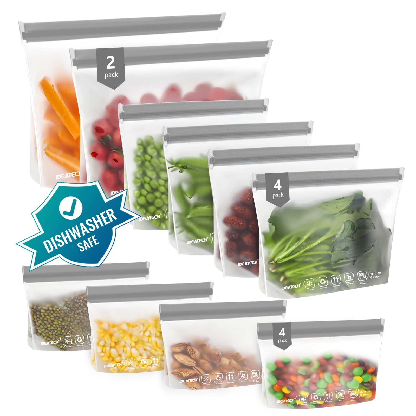 IDEATECH 12Pack Food Storage Bags Dishwasher Safe, BPA Free Gallon Freezer Bags, Reusable Snack Bags, Leakproof BPA Free Reusable Baggies for Lunch,Travel(2Gallon 4Quart 4Snack, Grey)