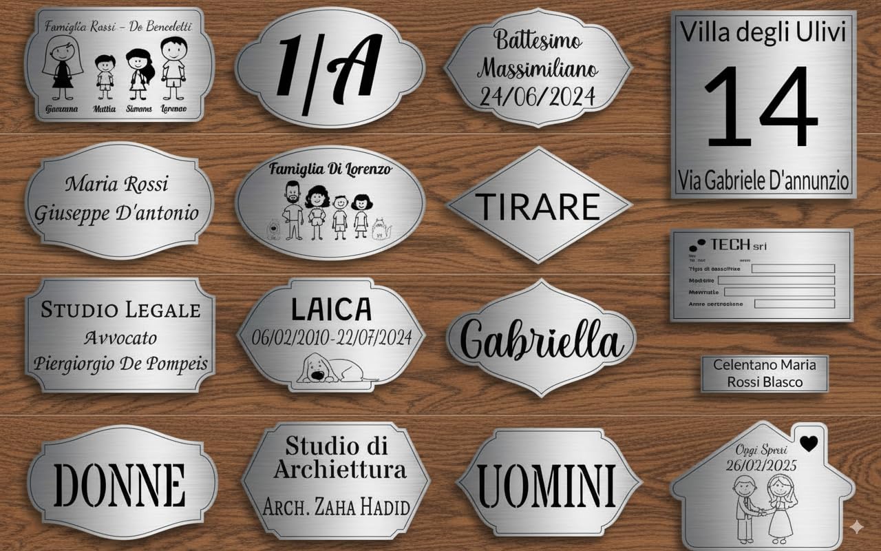 Targa Porta Ingresso Personalizzabile Argento Spazzolato - Nome, Indirizzo, Design a Scelta, Targhetta Fuoriporta Laser Incisa Laminato Plastico