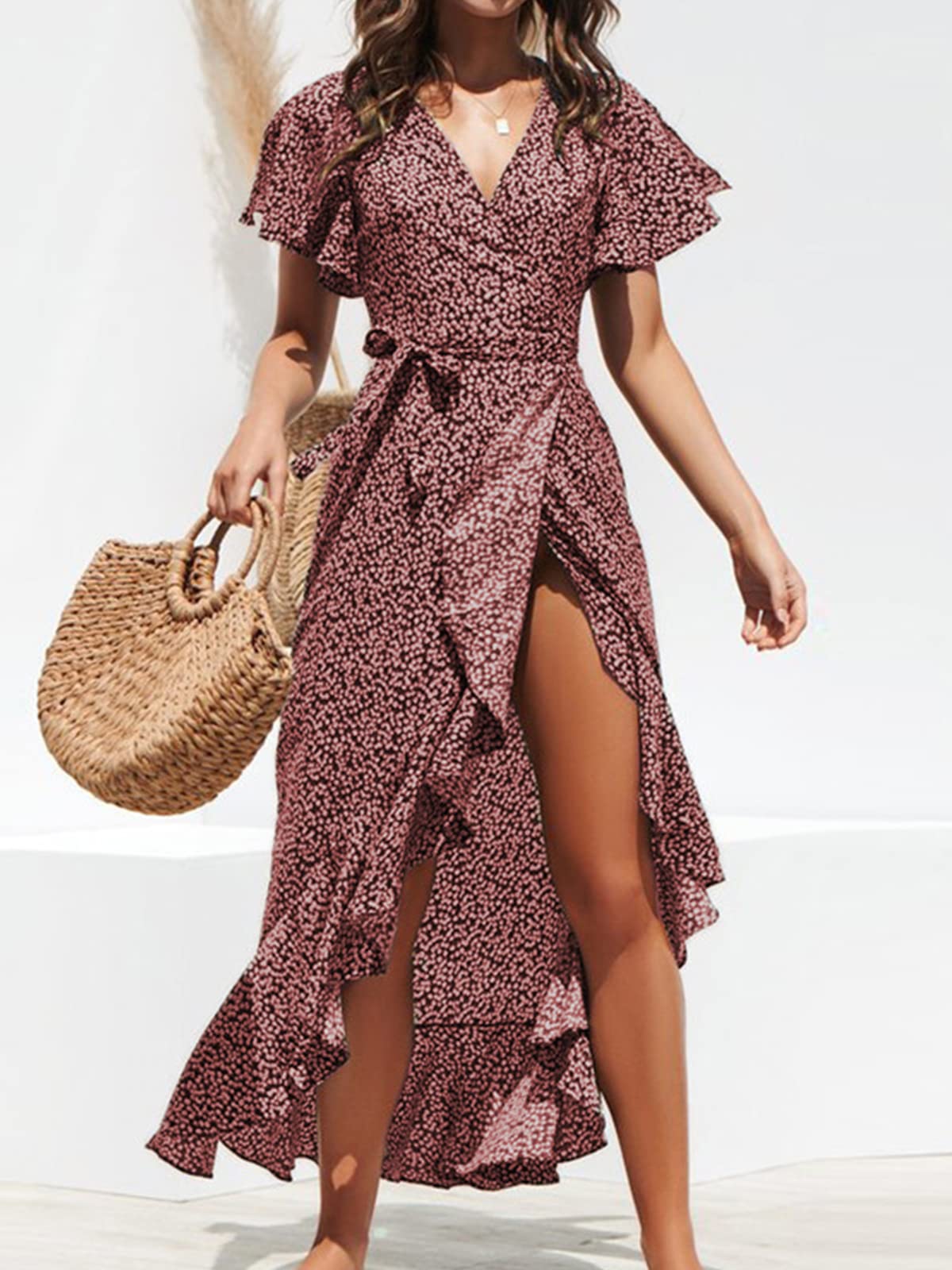 CUPSHE Femme Robe Wrap Fleurie à Col en V à Manche Courte Évasées Volants Lacer Elégant Rrapèze Longue Robe de Plage Casual